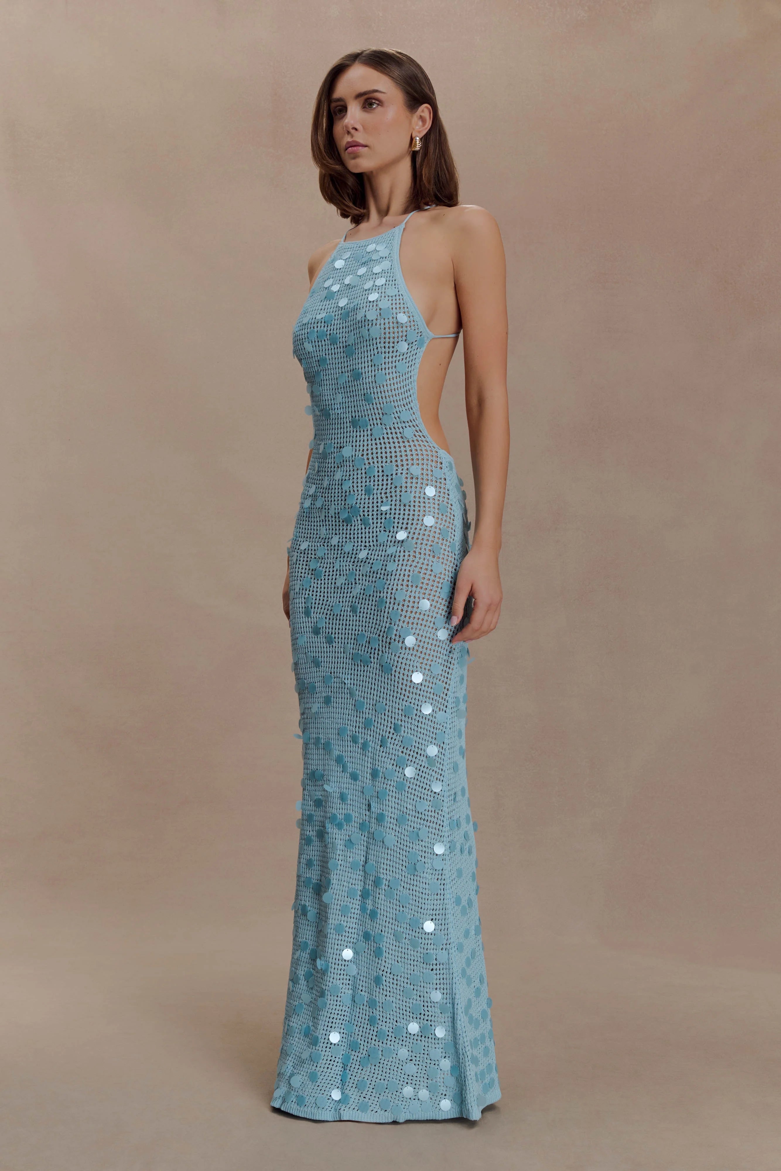 Carmen Crochet Sequin Maxi Open Back Dress Blue