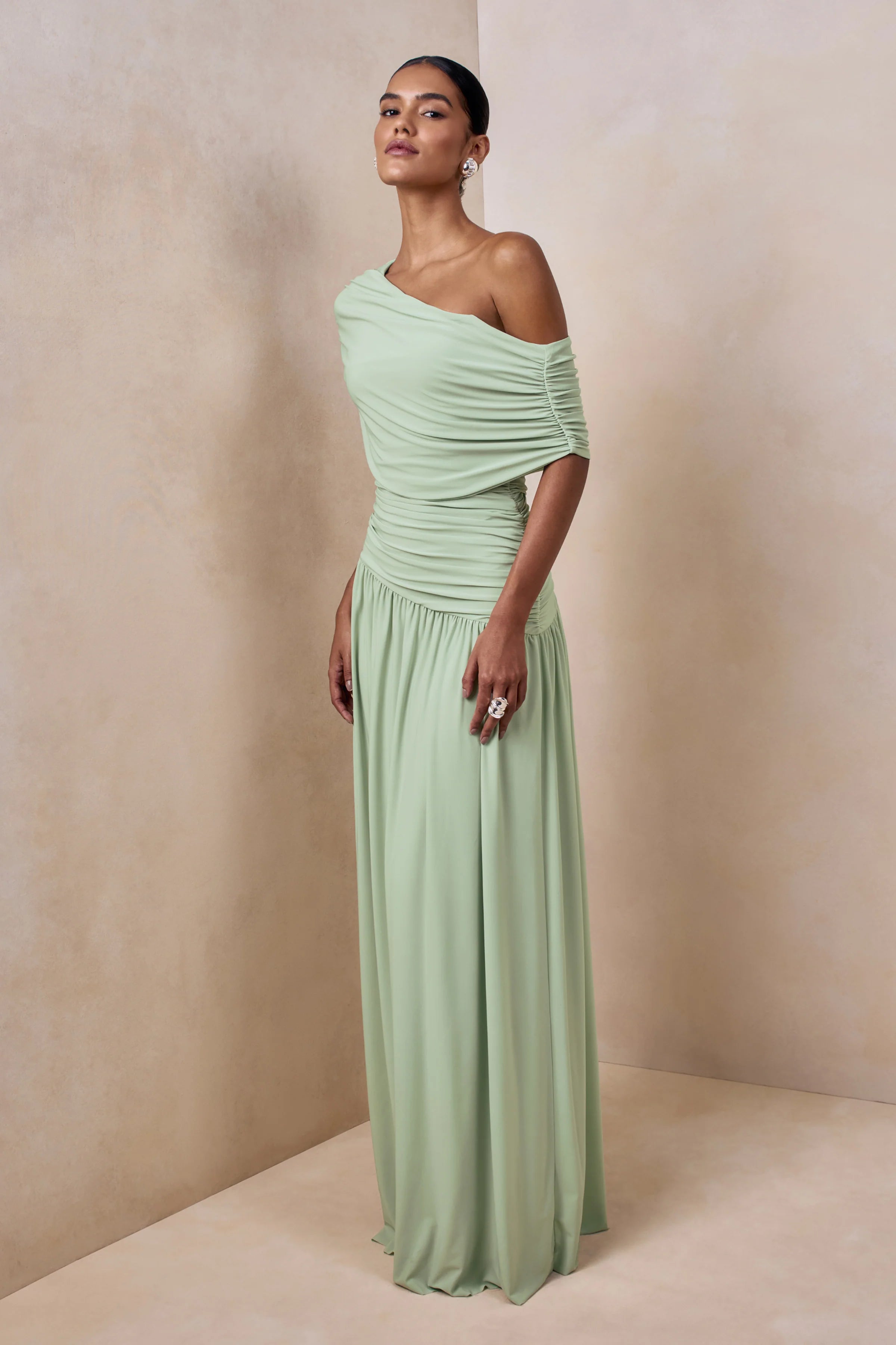 Emberly Green Draped Asymmetric Neck Maxi Dress With Drop Waist
