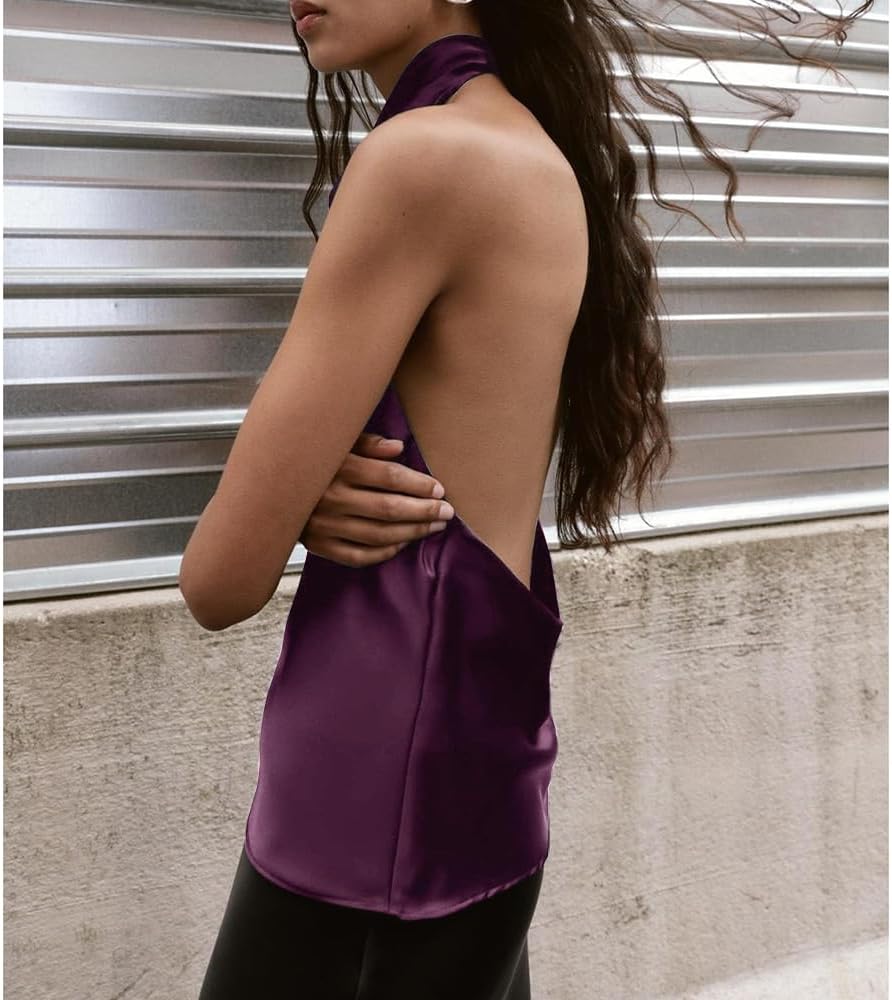 Women Halter Top Cowl Neck Backless Satin Silk Tank Tops Elegant Going Out Clubwear