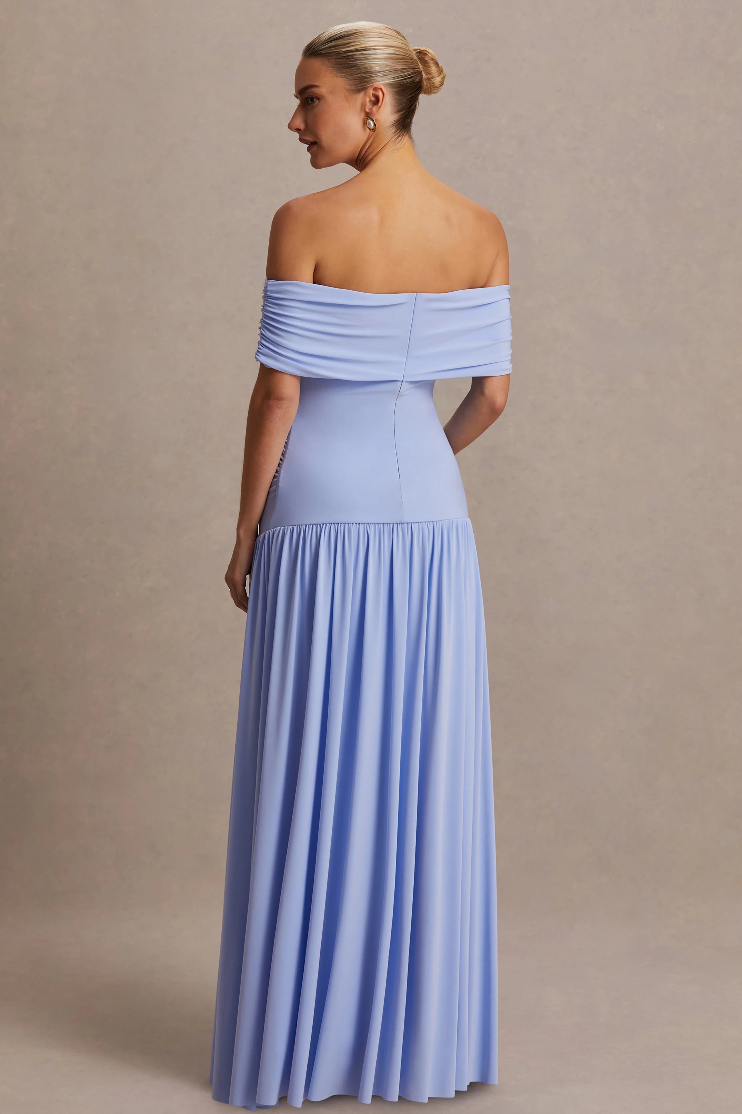 Juliette Powder Blue Bardot Neck Maternity Maxi Dress With Drop Waist