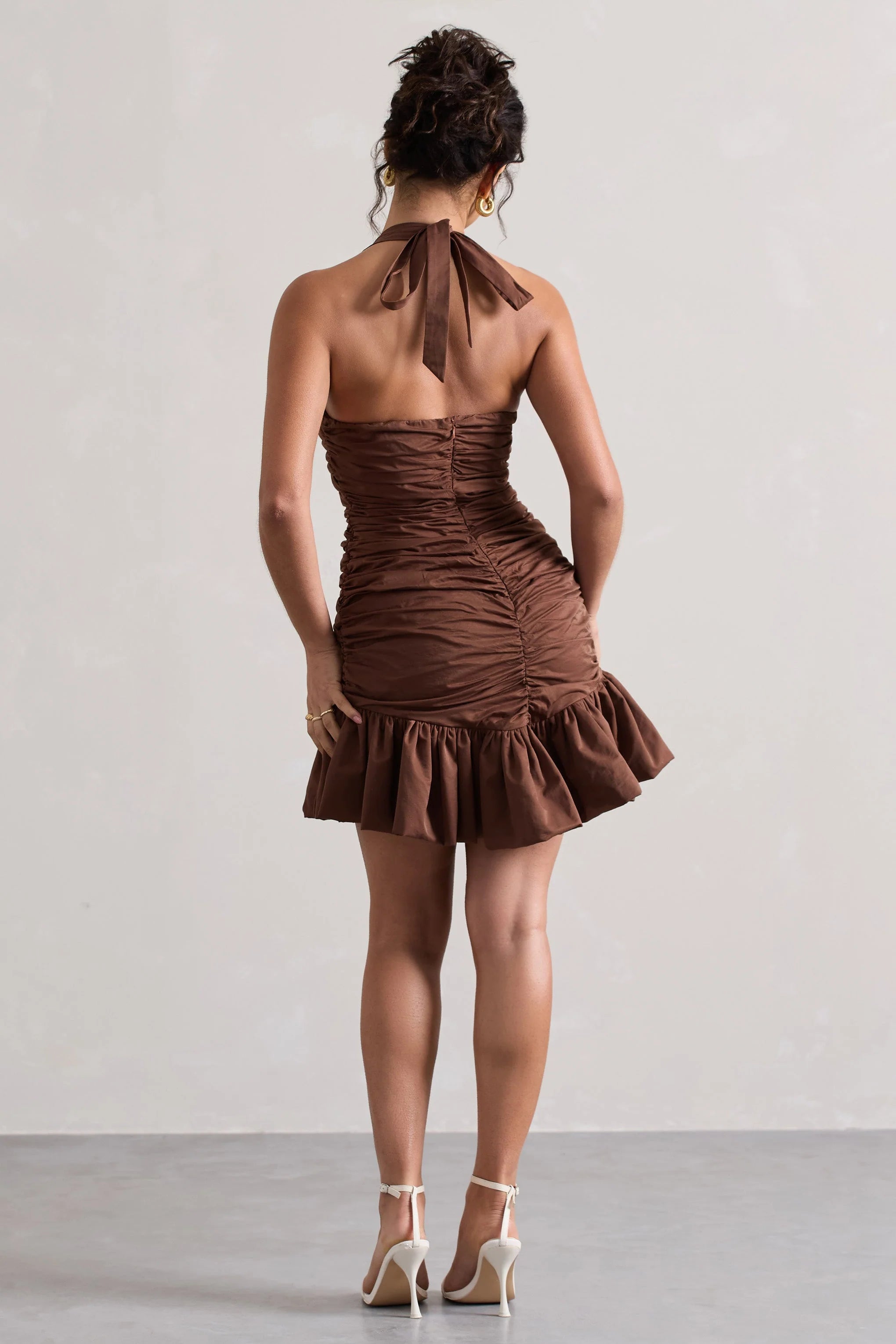 Zahra Chocolate Brown Halter Neck Ruched Mini Dress With Ruffle Hem