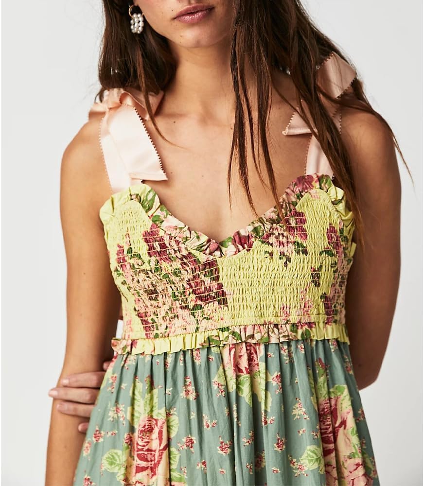 Women Floral Maxi Dress Tie Shoulder Patchwork Smocked Flowy Boho Dress with Pockets Summer Vacation Sundress