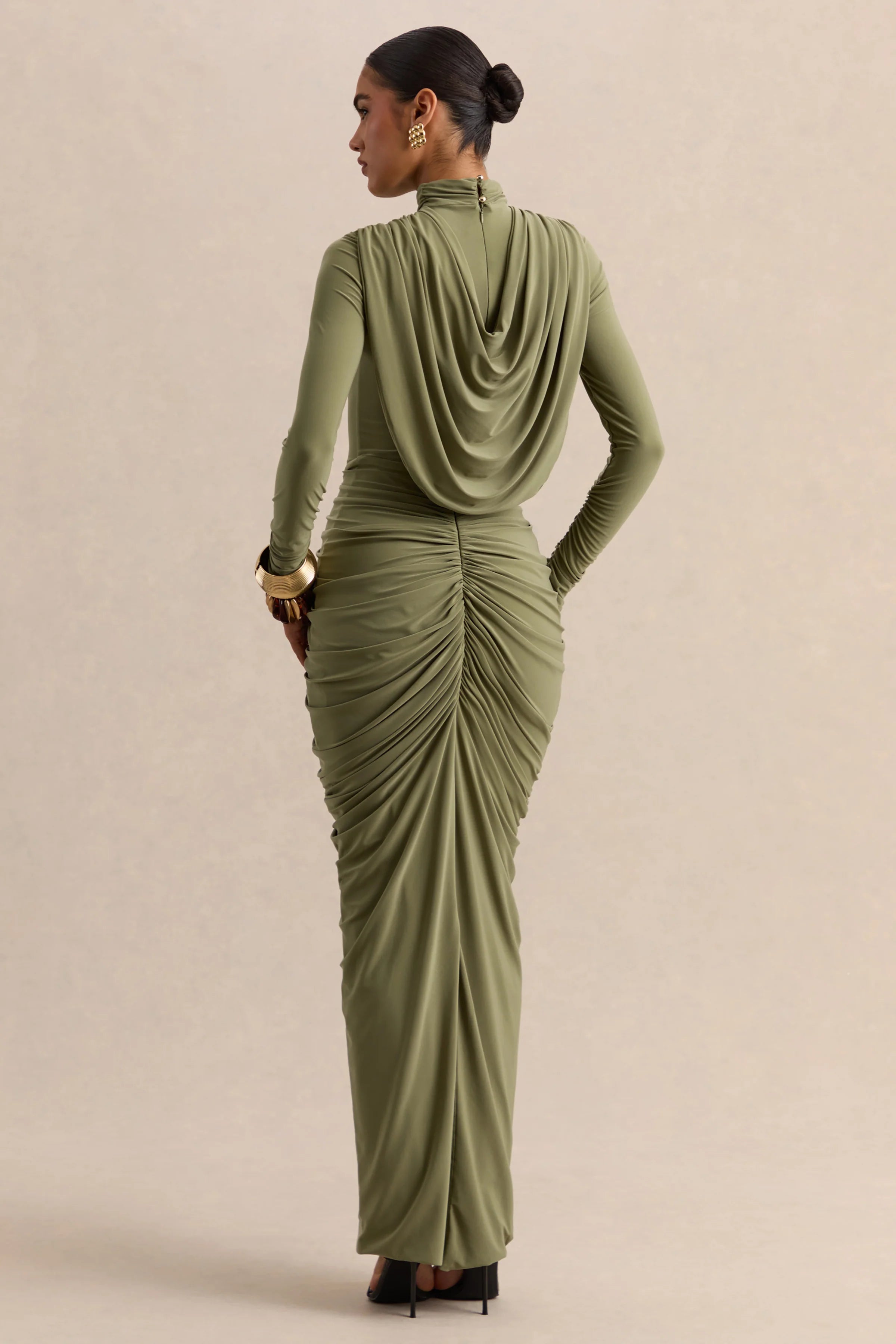 Harmona Olive High Neck Maxi Dress With Gathered And Draped Detailing
