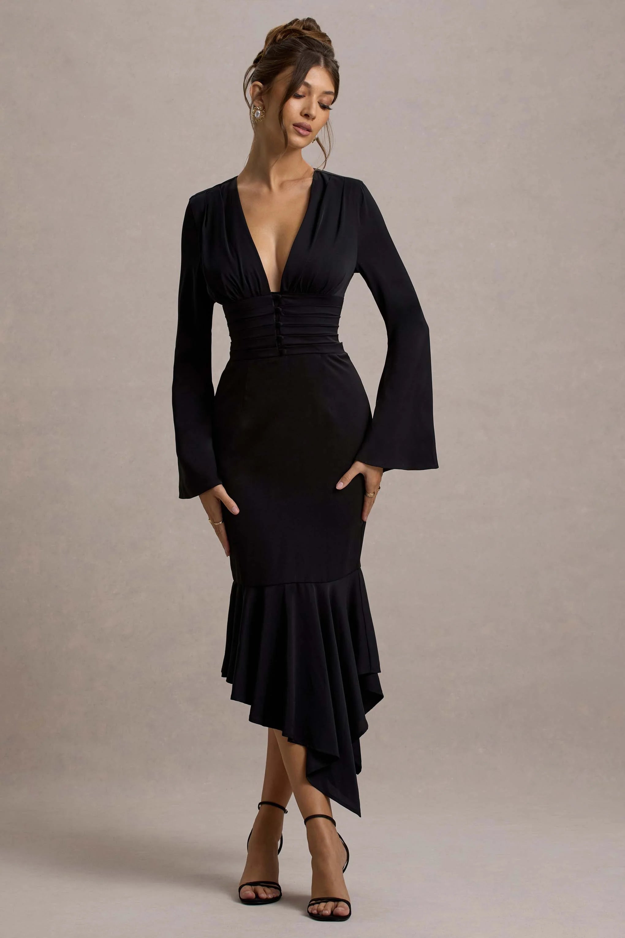 Rehna Black Plunge Neck Bell Sleeve Midi Dress