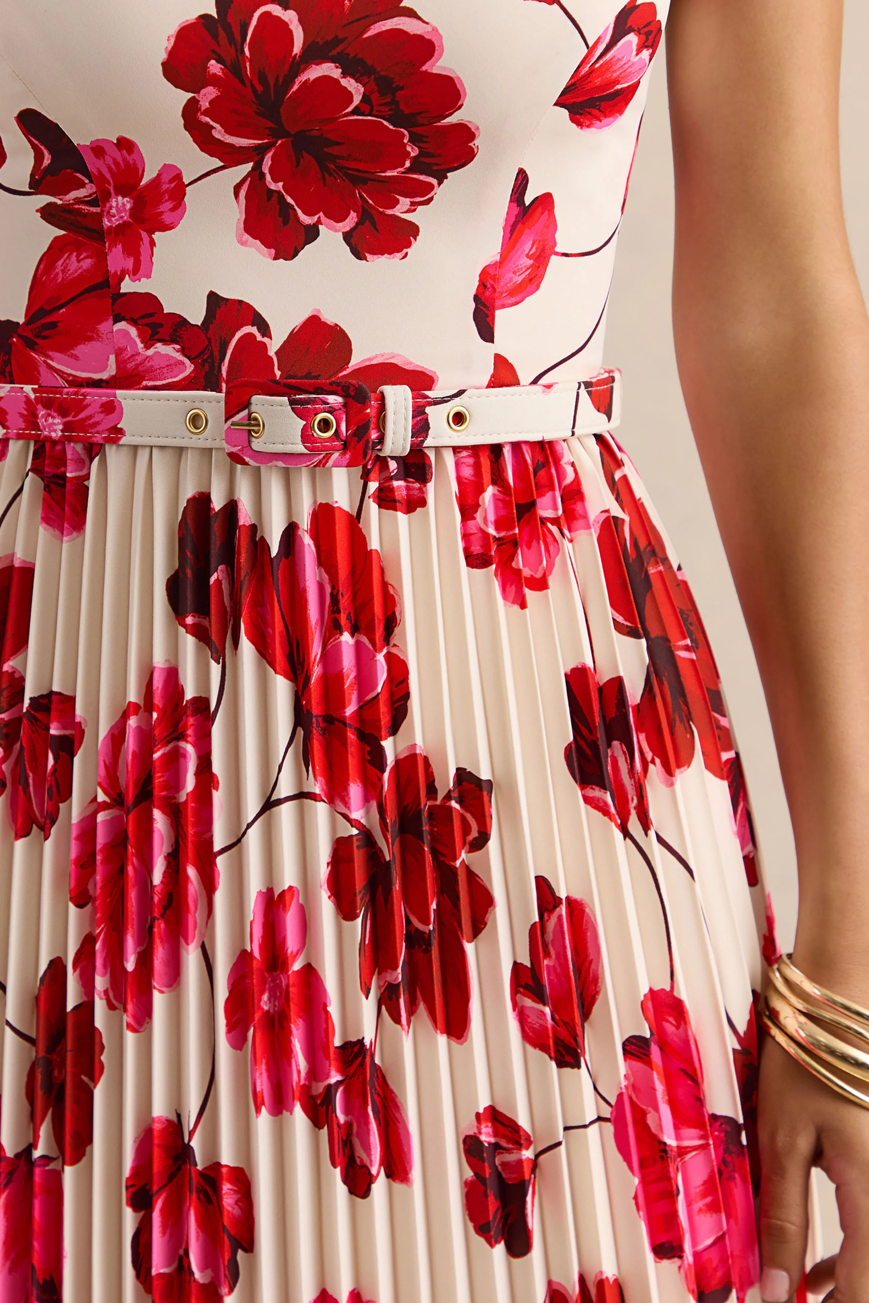 Danika Hot Pink Floral Print Square Neck Belted Maxi Dress With Pleated Skirt