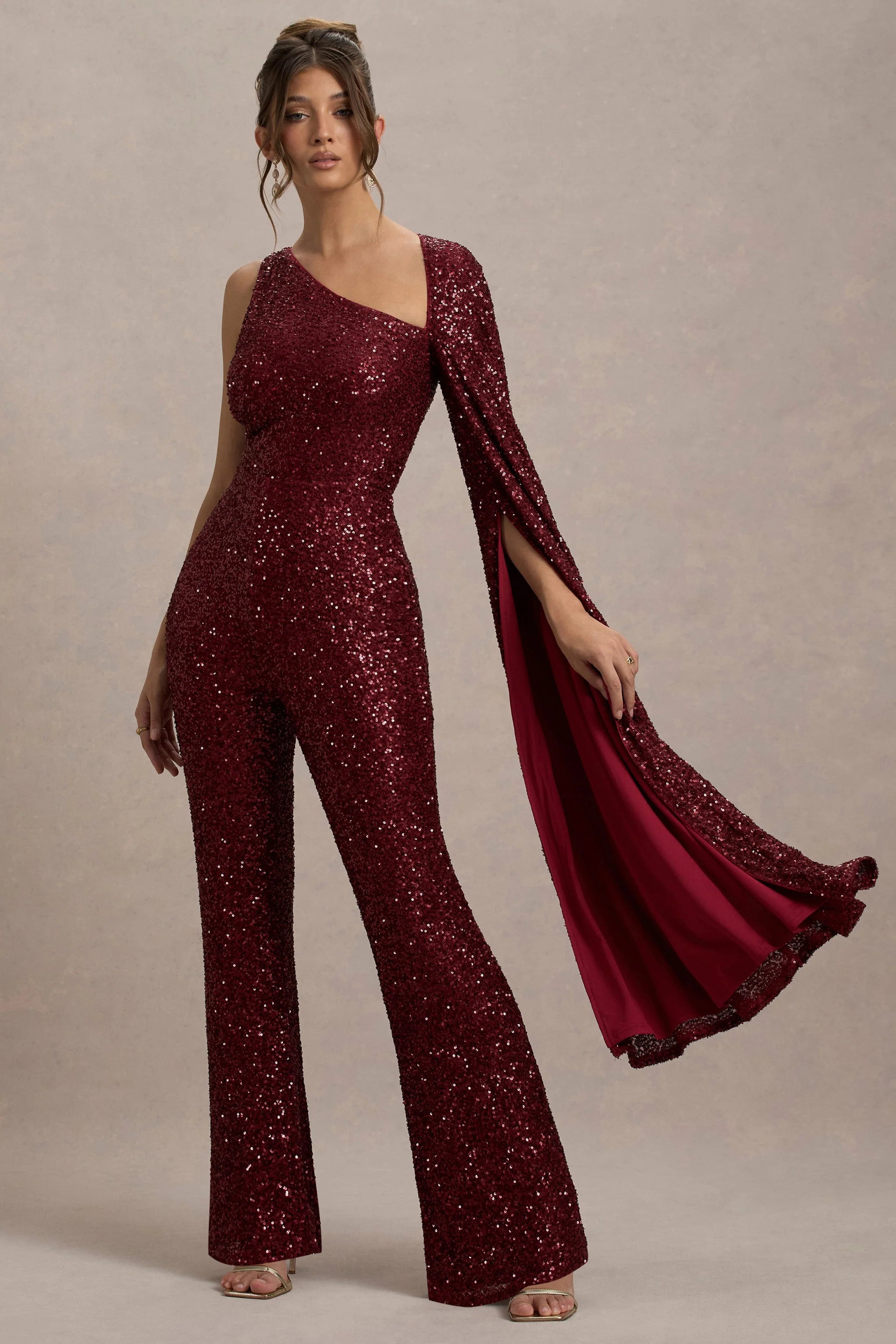 Star Seeker Port Sequin One Shoulder Cape Sleeve Jumpsuit