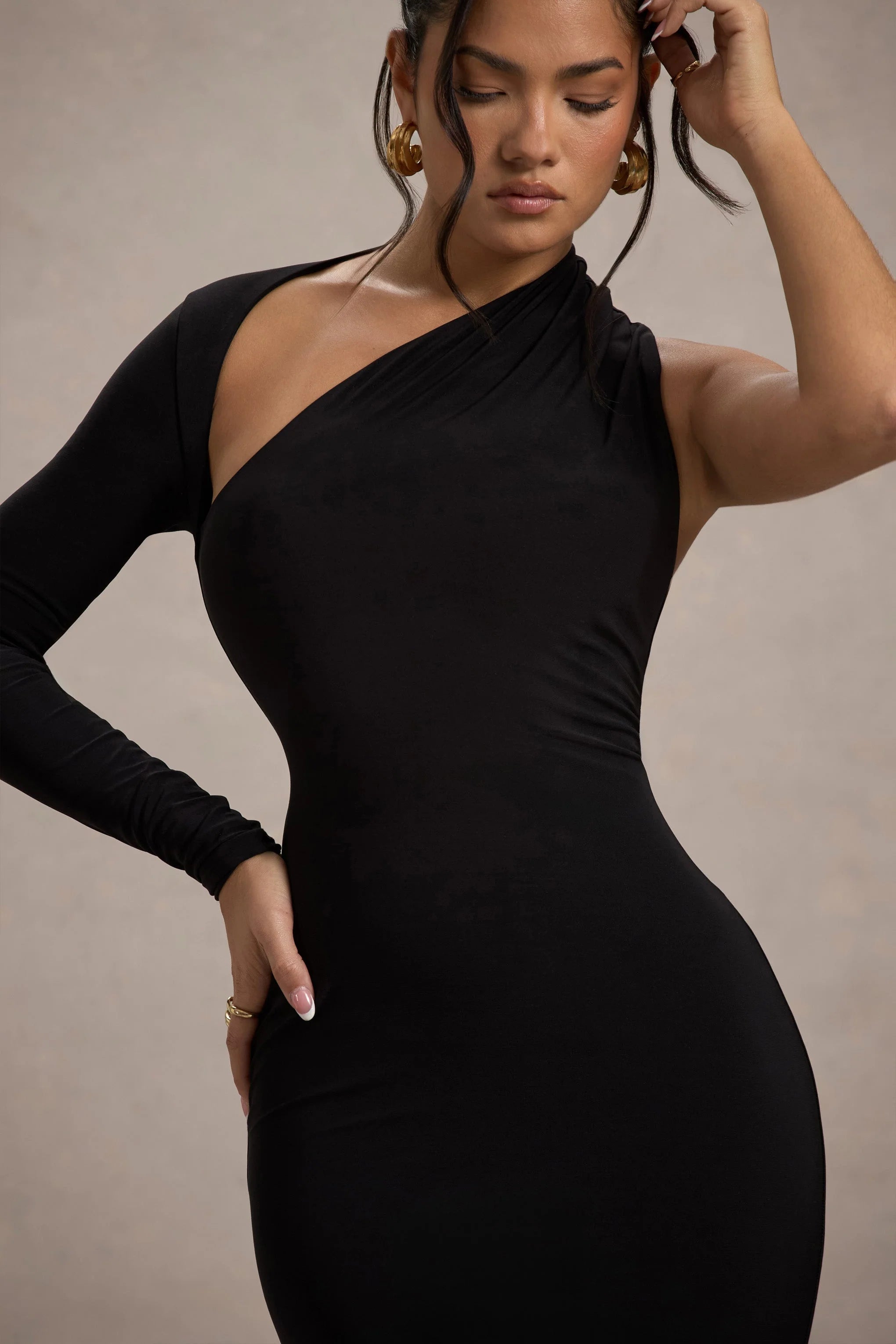 Orsa Black One Shoulder Asymmetric Maxi Dress