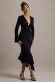 Rehna Black Plunge Neck Bell Sleeve Midi Dress