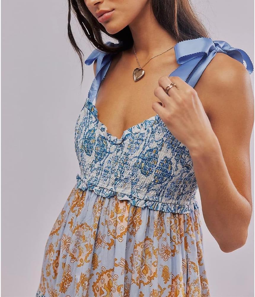 Women Floral Maxi Dress Tie Shoulder Patchwork Smocked Flowy Boho Dress with Pockets Summer Vacation Sundress