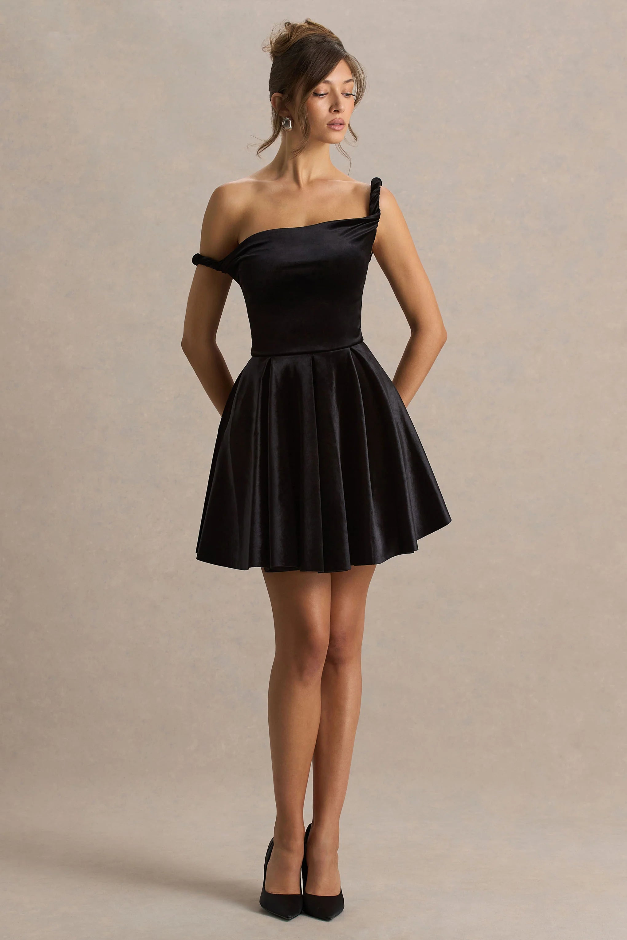 Leticia Black Asymmetric Neck Velvet Mini Dress With Twist Sleeve