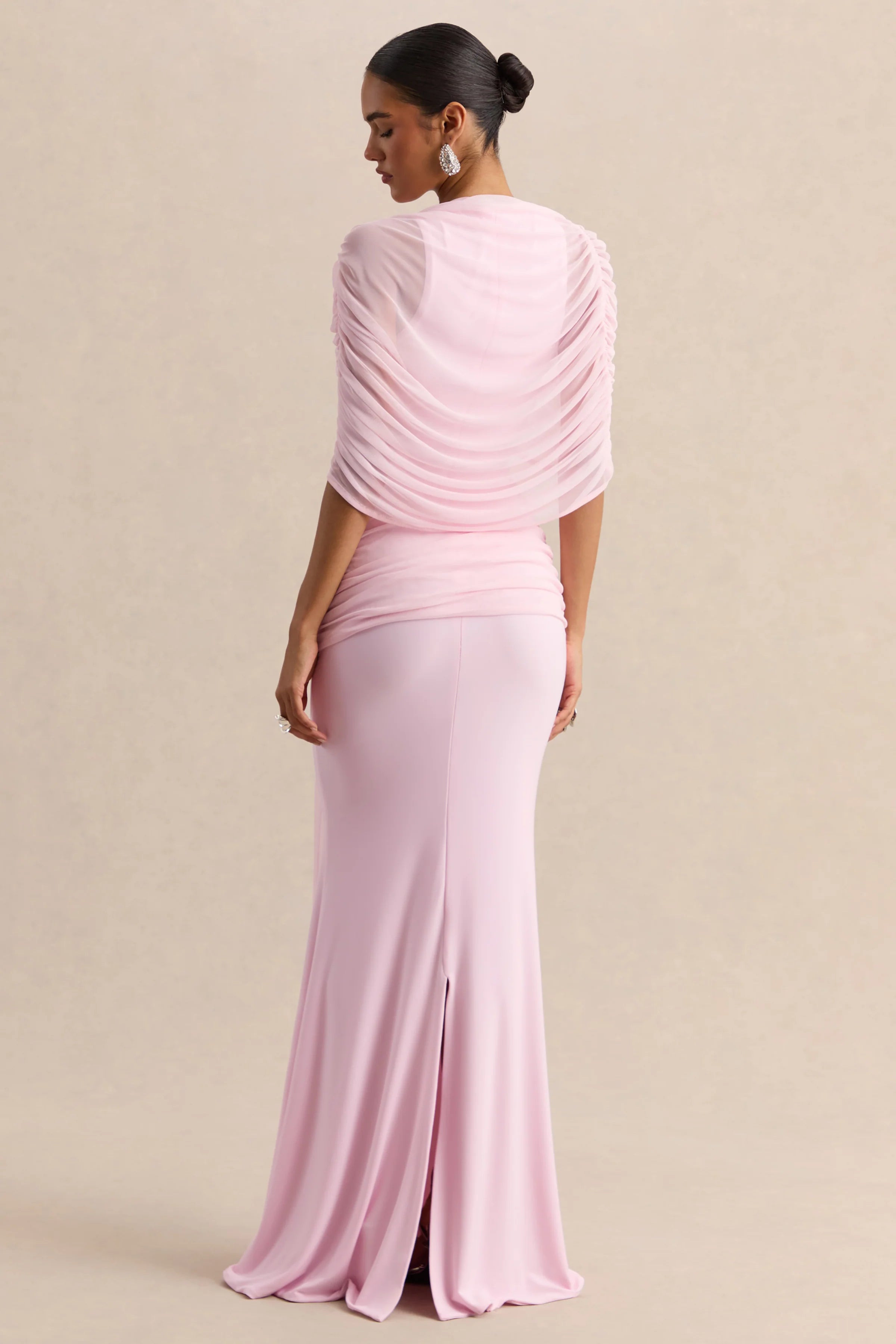 Mirene Light Pink Round Neck Maxi Dress With Gathered Detailing And Sash