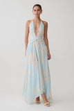 Cyra Plunge Chiffon Midi Dress Blue Floral Print