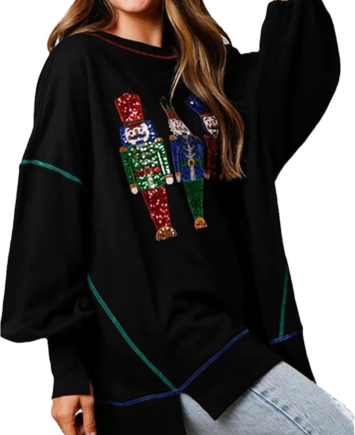 Christmas Sweatshirt for Women Funny Sequin Sweater Nutcracker Santa Xmas Graphic Oversized Pullover Tops