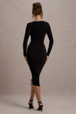 Lilia Black Ruched Asymmetric Midi Dress