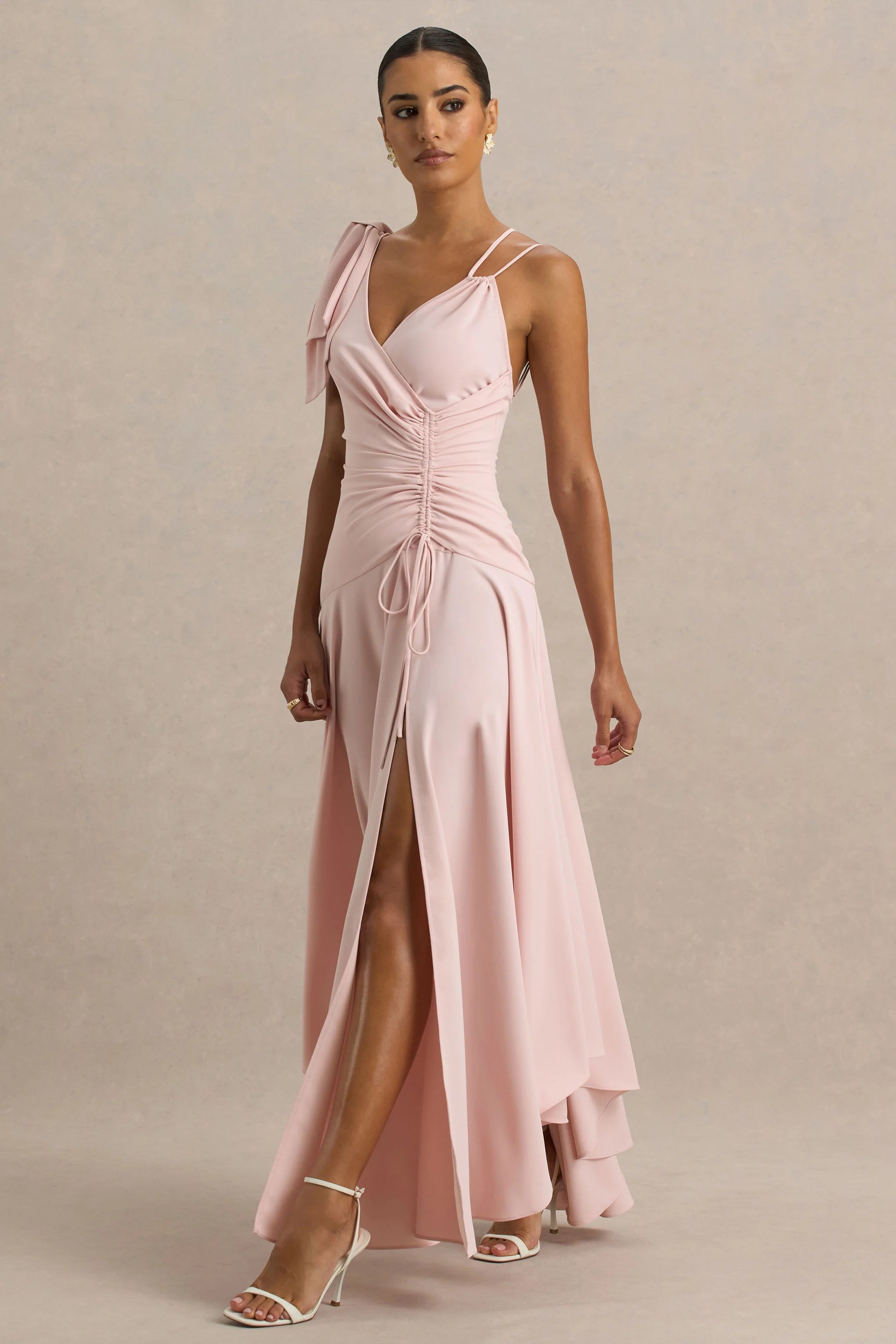 Julieta Baby Pink Asymmetric Neck Maxi Dress With Bow Detail And Open Back