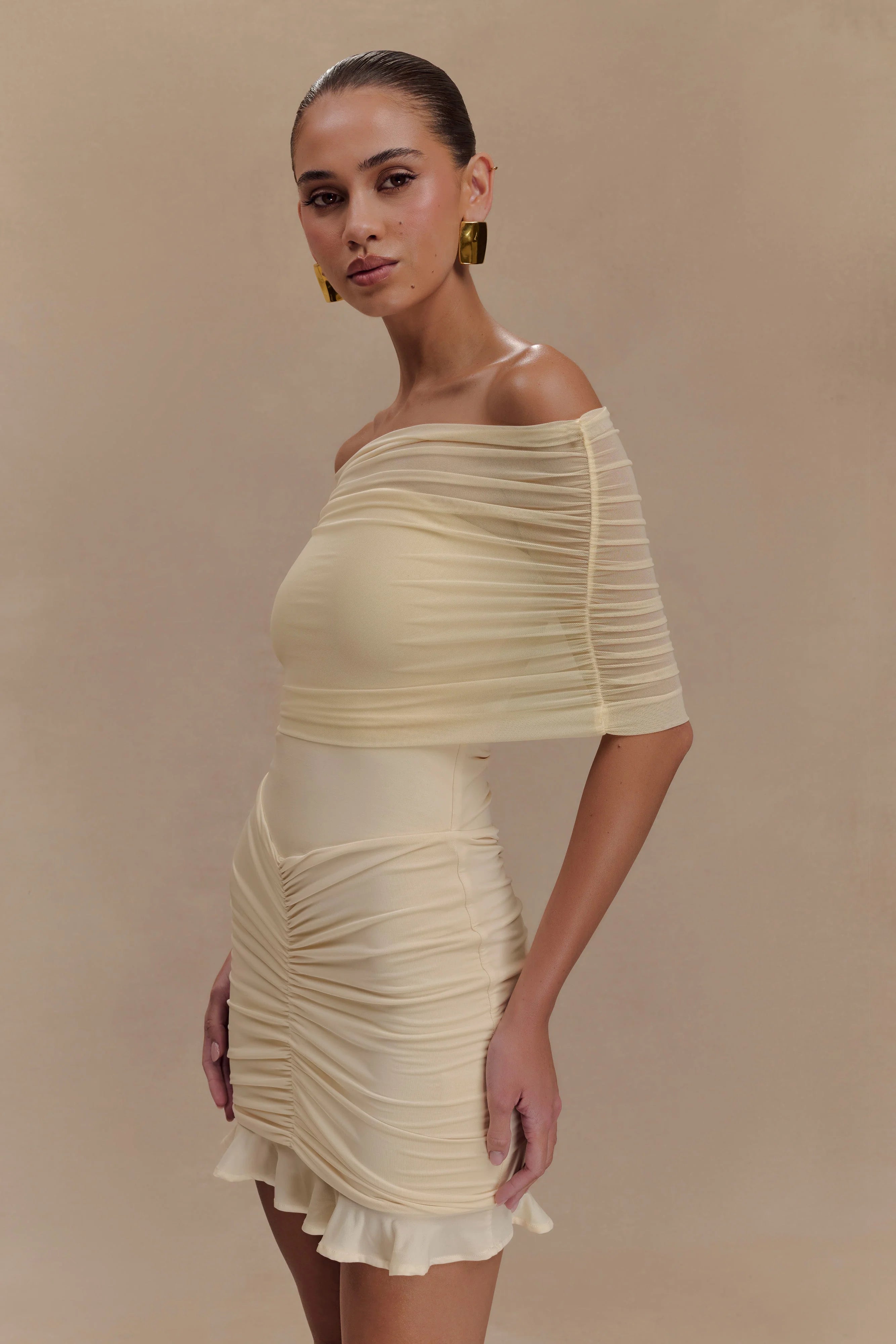 Caspian Slinky And Mesh Off Shoulder Mini Dress Ivory