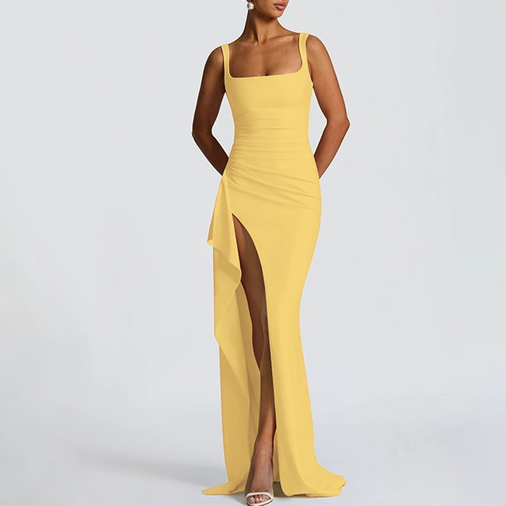 Women Formal Dresses Sleeveless Bodycon Ruched High Slit Sexy Maxi Dress Cocktail Prom