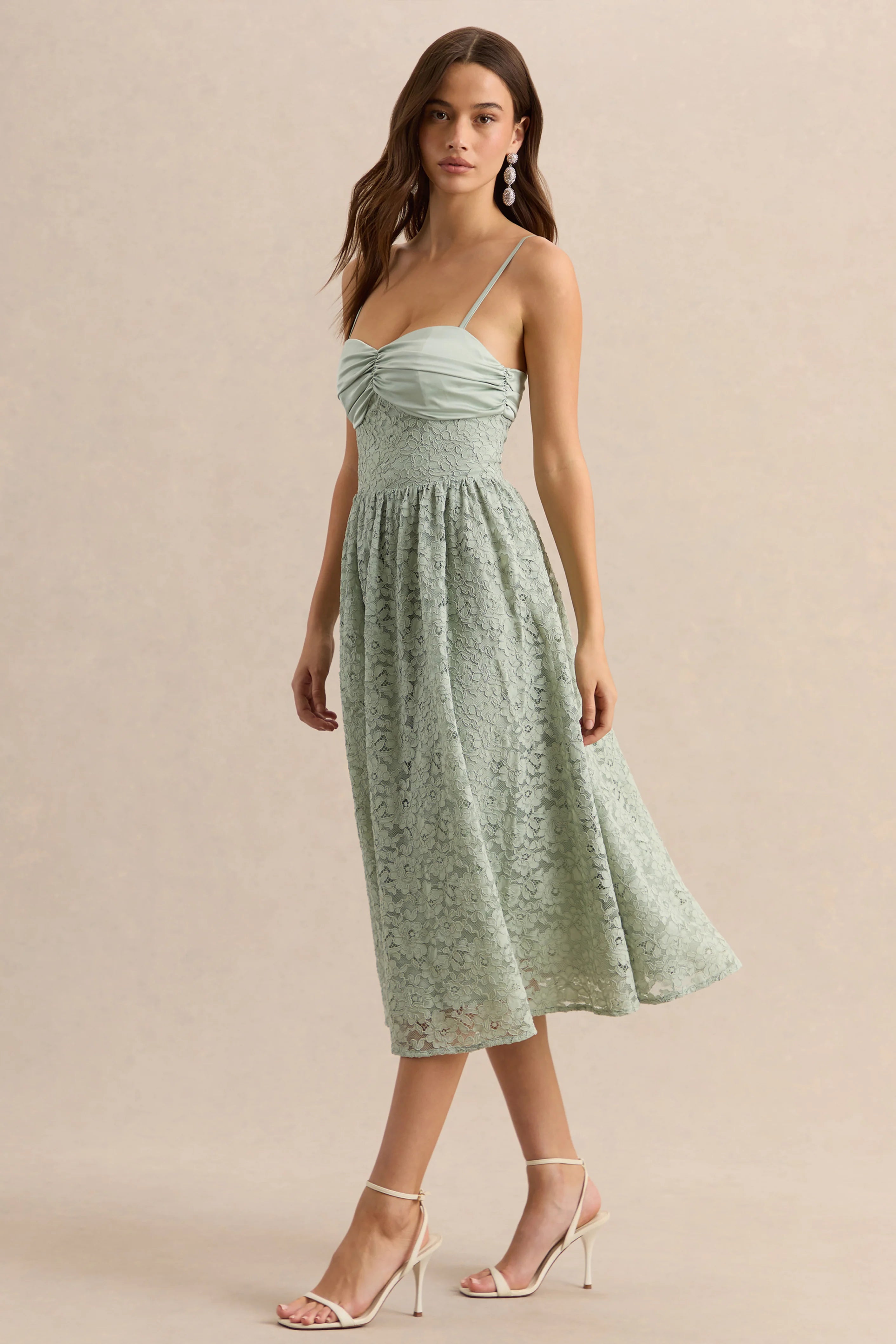 Gloriana Sage Lace Sweetheart Neck Midi Dress