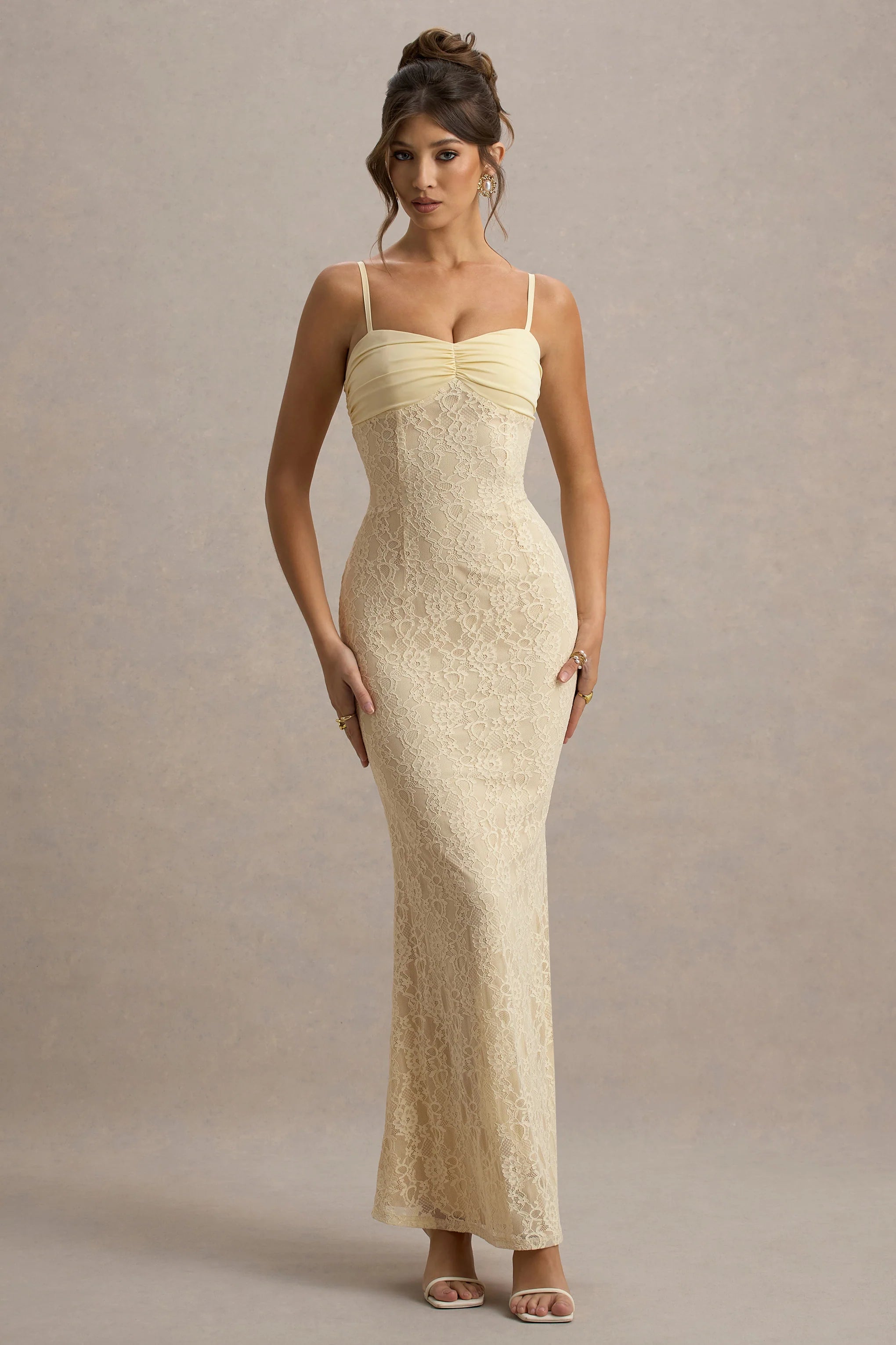 Felicia Pale Lemon Satin Sweetheart Maxi Dress With Lace Details