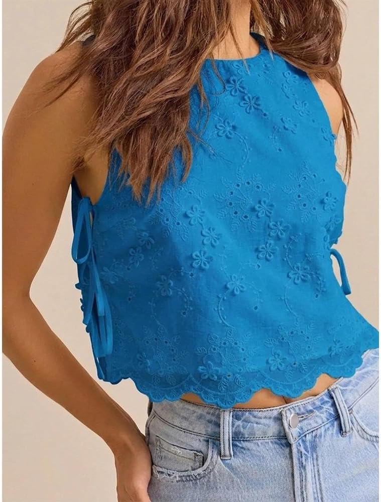 Women Eyelet Embroidered Tank Top Sleeveless Side Tie Summer Going Out Crop Top