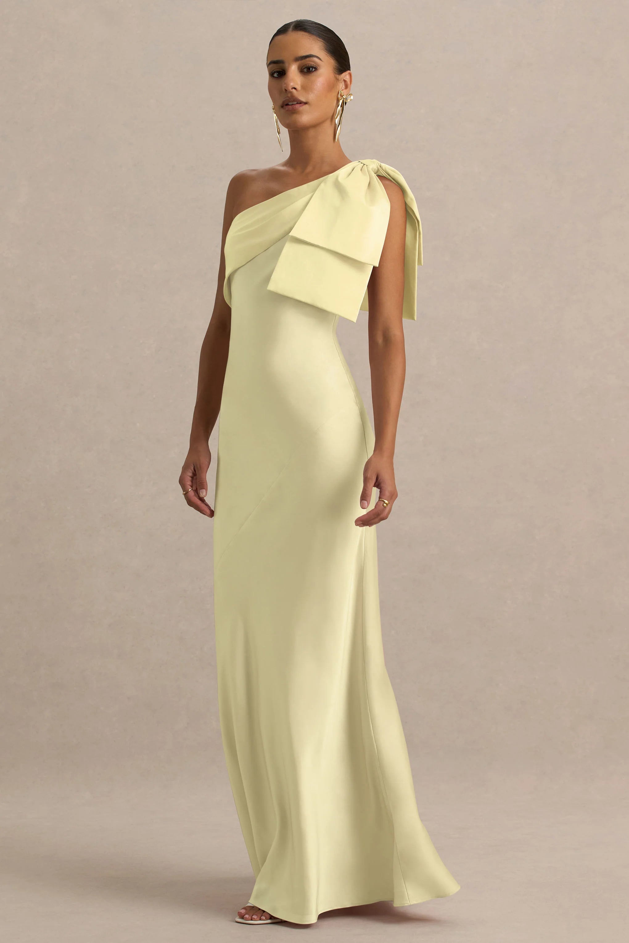 Valerie Lemon Satin Asymmetric Neck Maxi Dress With Bow Detail