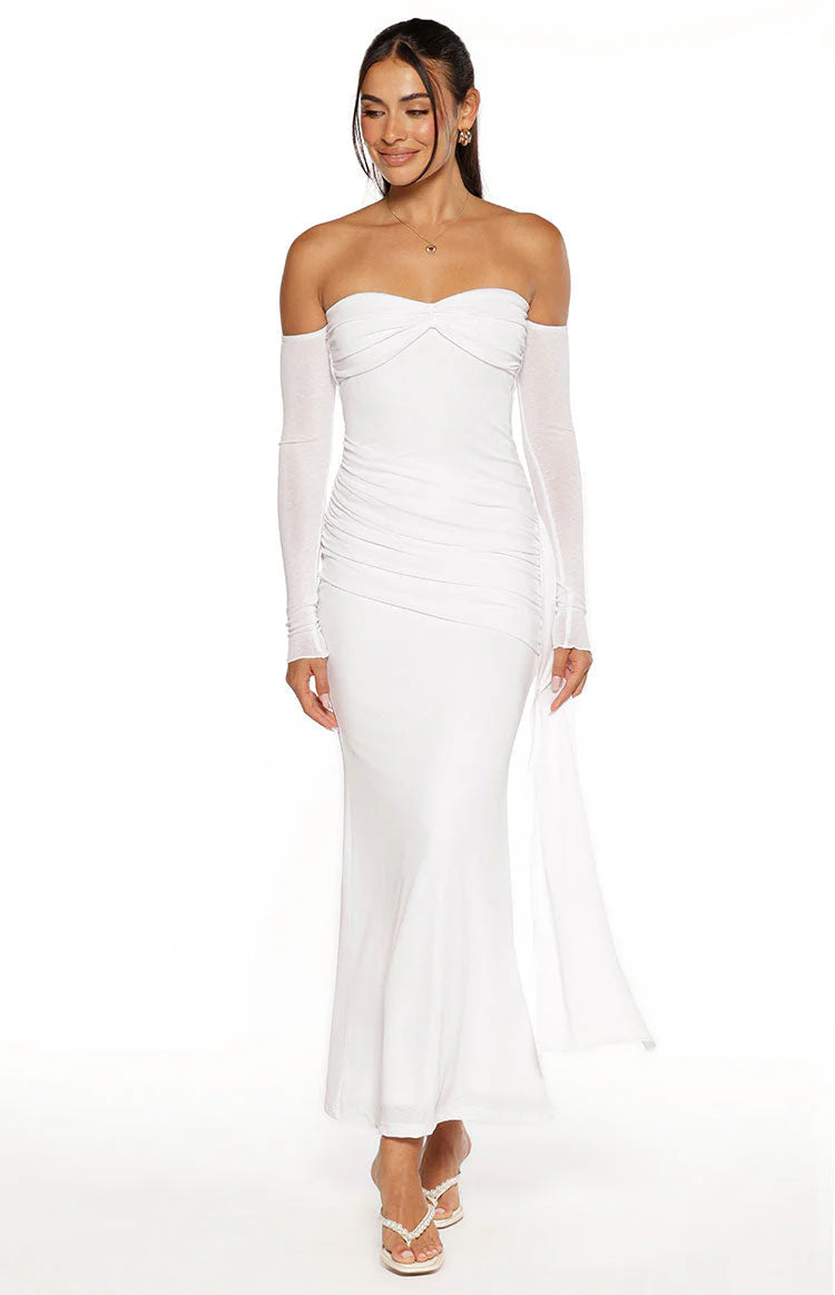 Breanna White Long Sleeve Ruched Maxi Dress