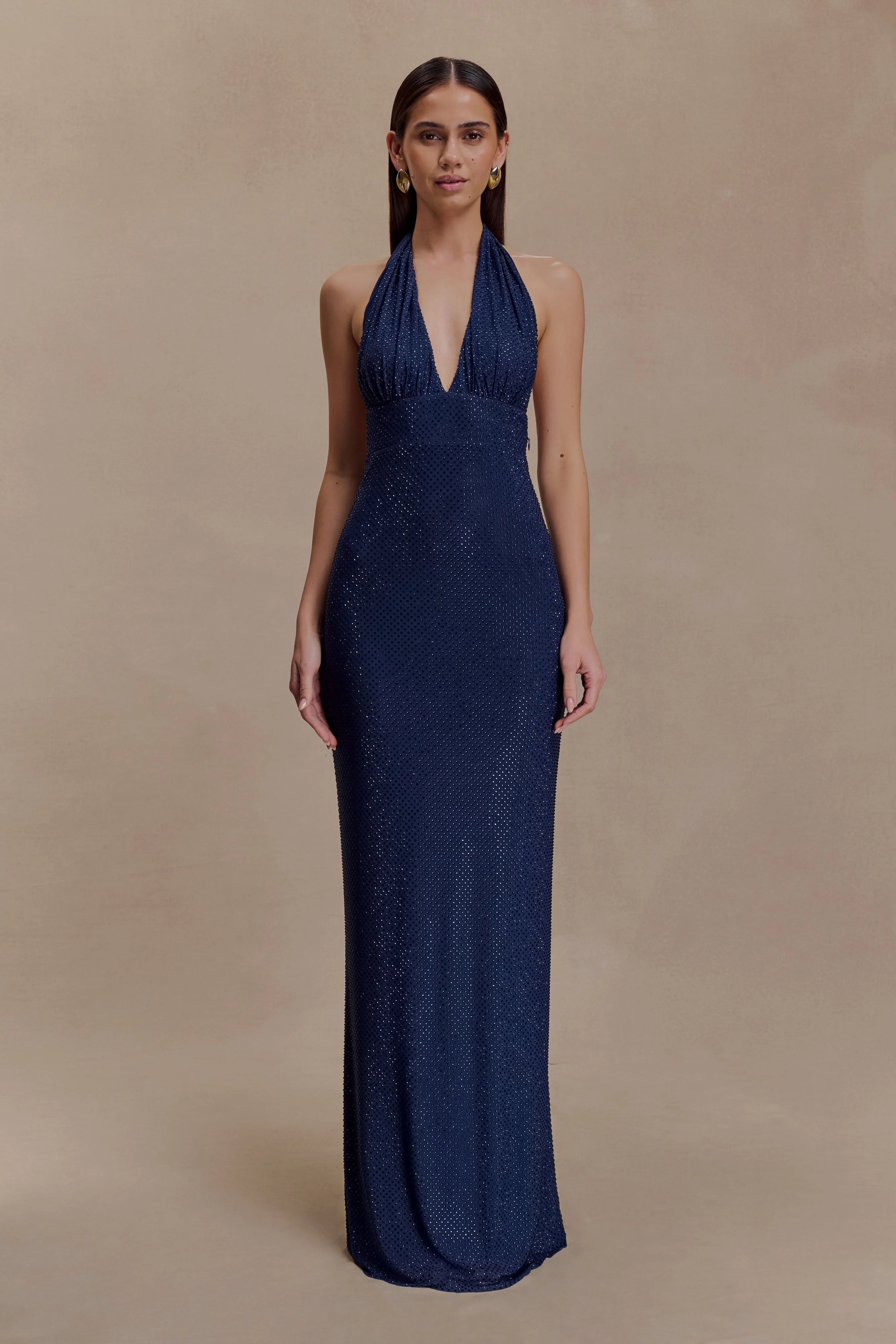 Harriet Halter Neck Diamante Maxi Dress Navy