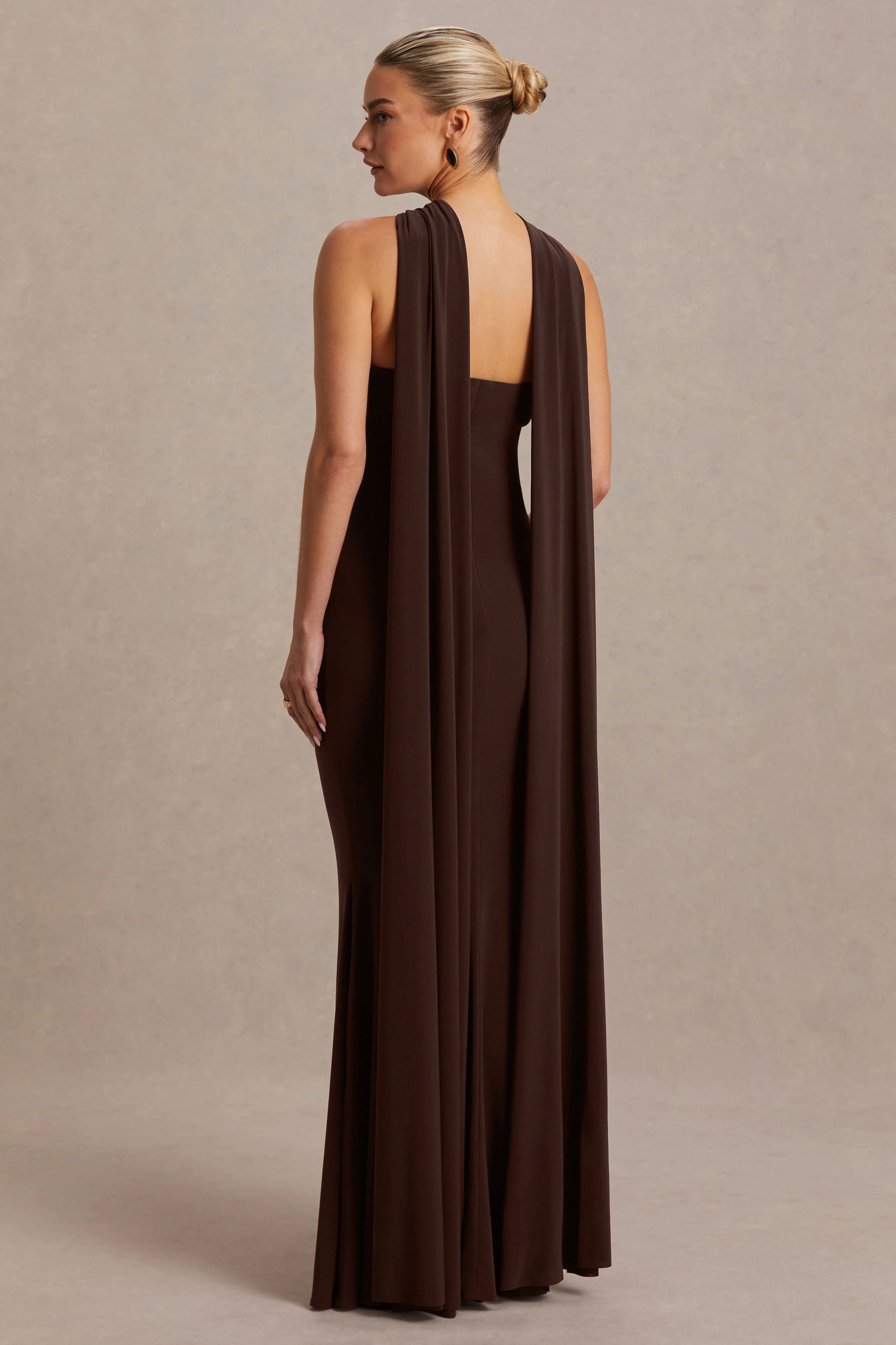 Lyra Brown Cross Halter Neck Maternity Maxi Dress With Cape