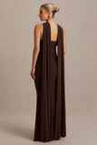 Lyra Brown Cross Halter Neck Maternity Maxi Dress With Cape