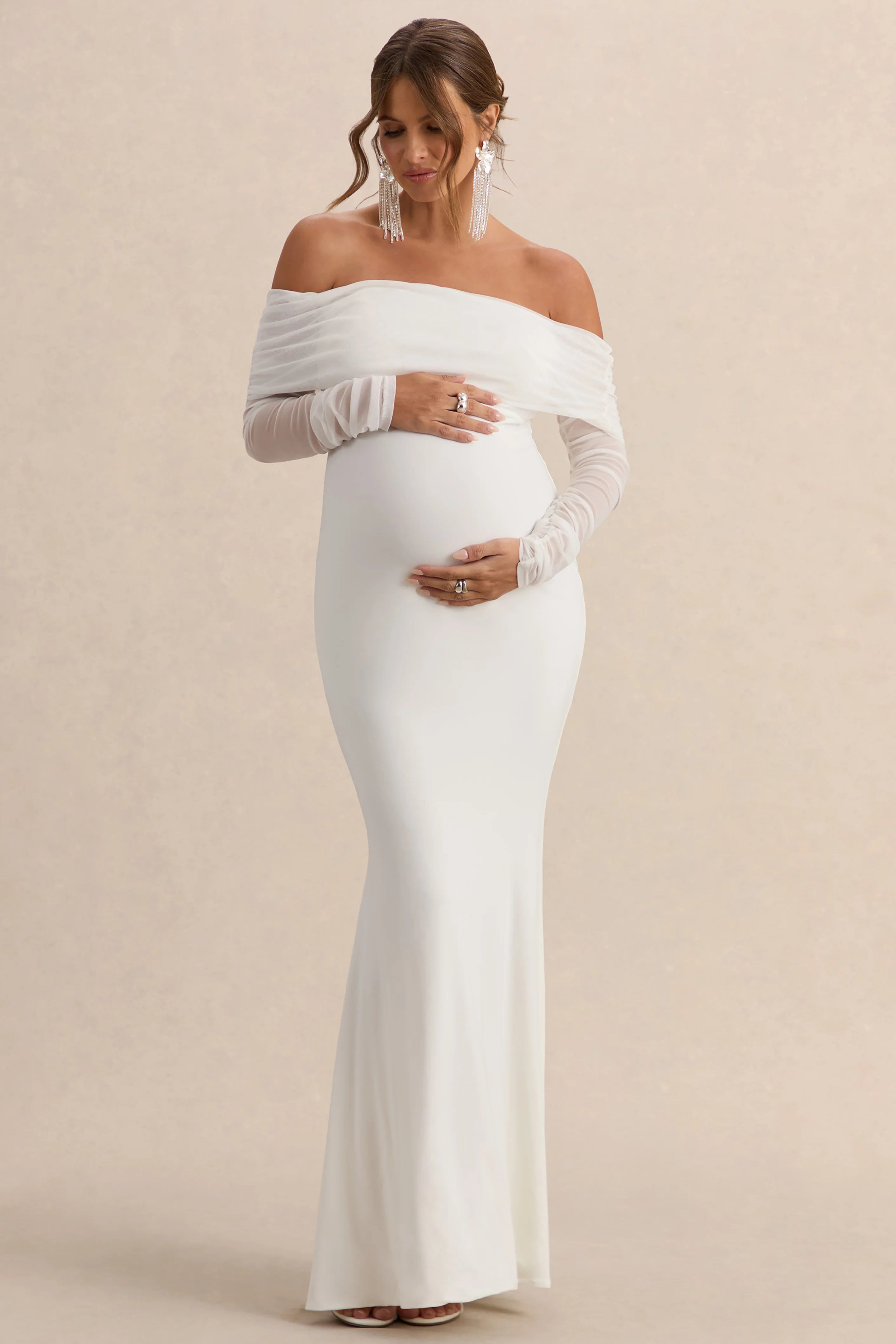 Pretty Perfect White Maternity Ruched Mesh Bardot Maxi Dress