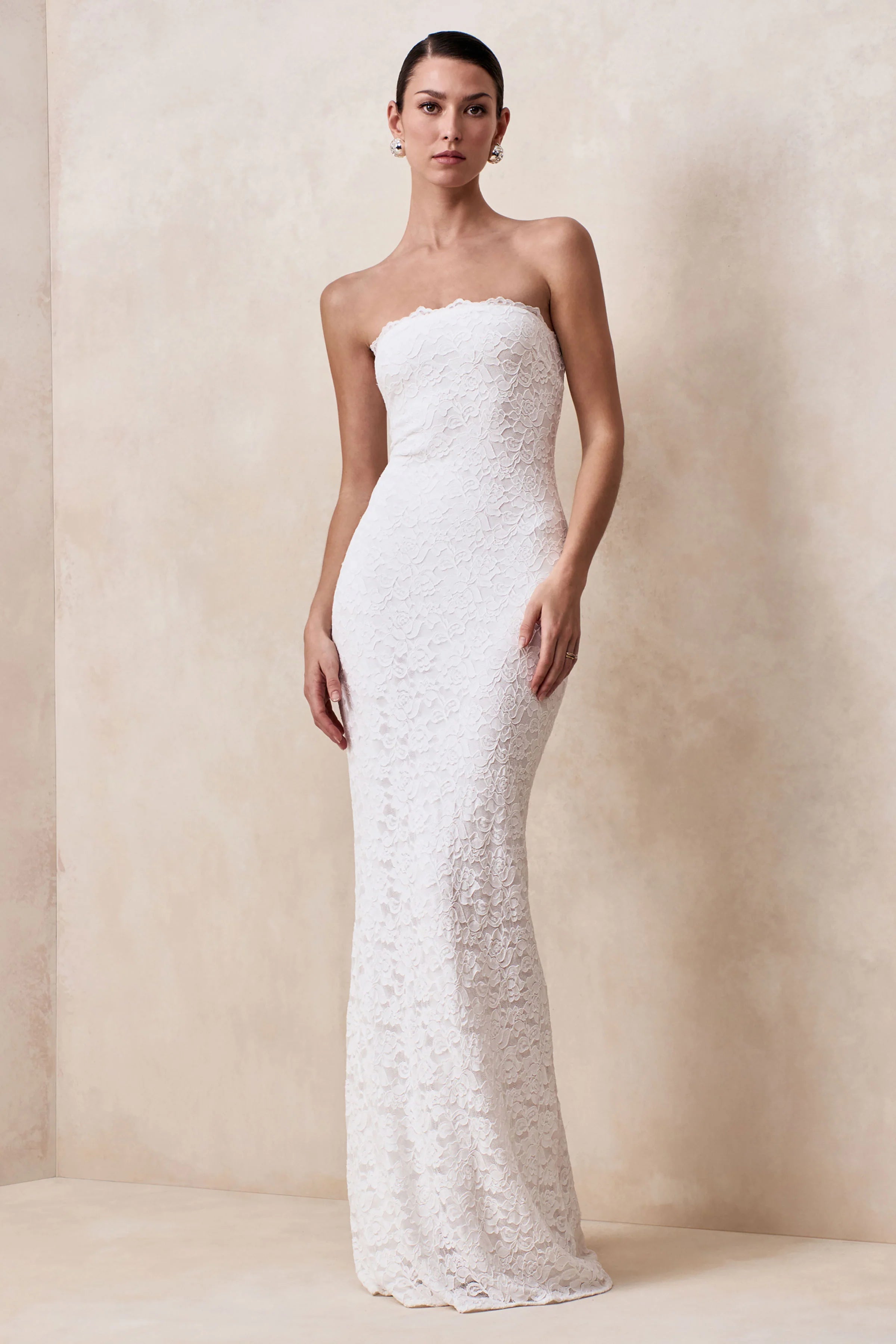 Massima White Lace Bandeau Maxi Dress With Scarf Detail