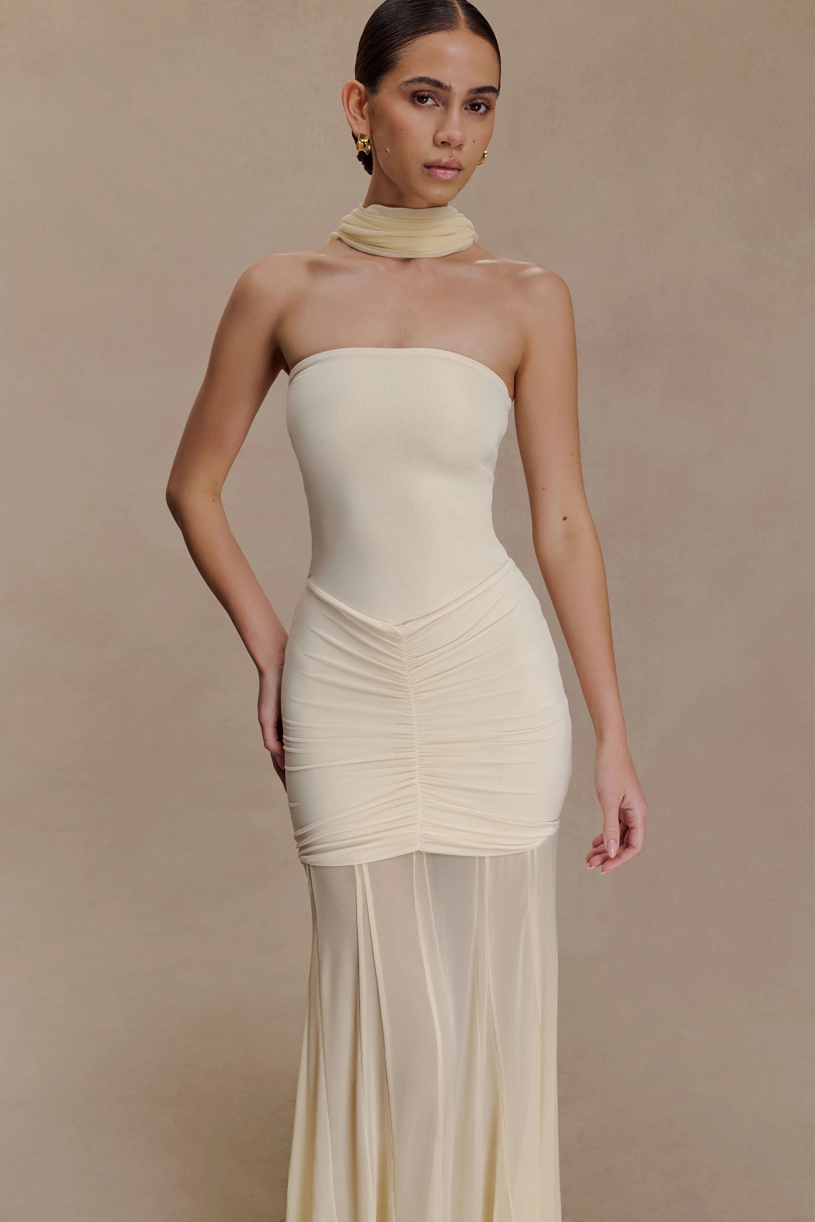 Caspian Slinky And Mesh Off Shoulder Maxi Dress Ivory