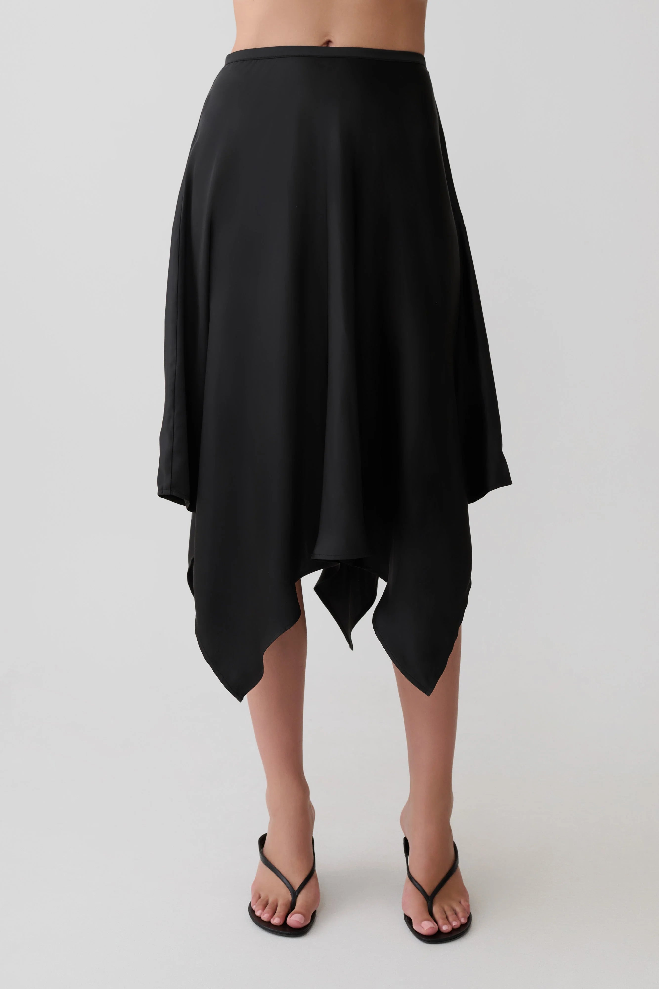 Coralie Asymmetric Satin Midi Skirt Black