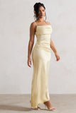 Santi Lemon Satin Cowl Neck Asymmetric Maxi Dress