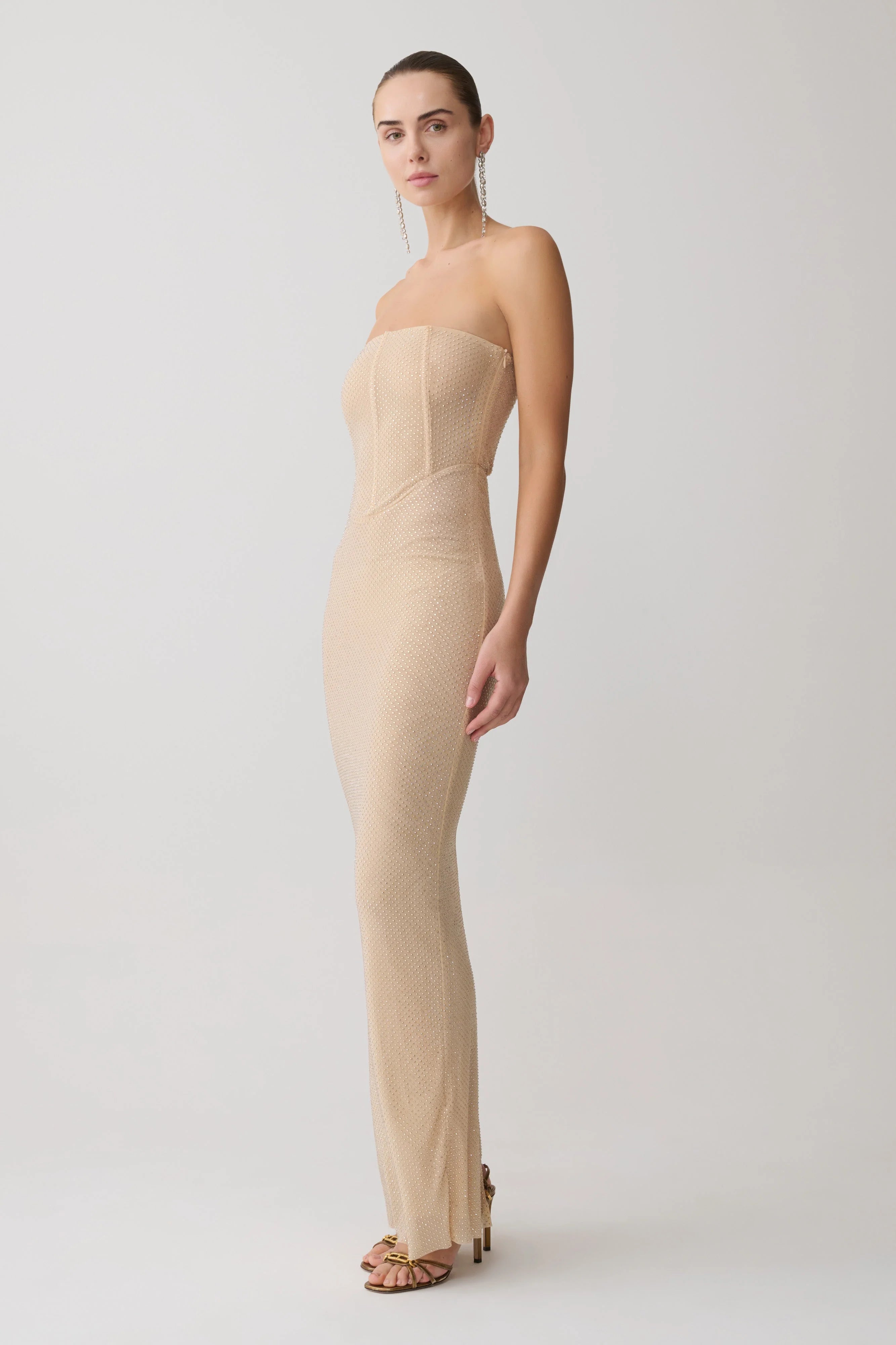 Phi Multi Wear Cowl Diamante Maxi Dress Gold