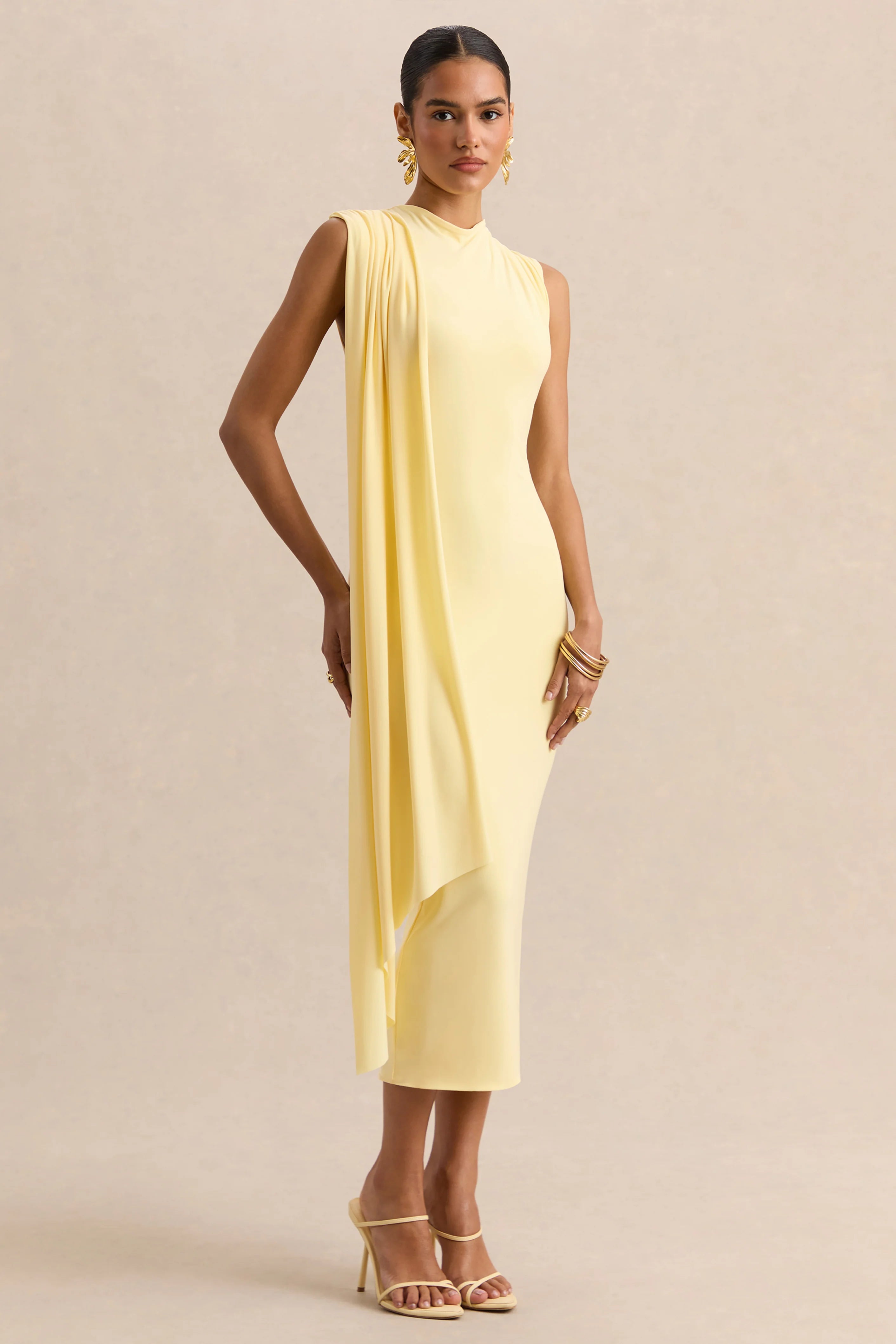 Oleandra Lemon High Neck Midi Dress With Draped Detail