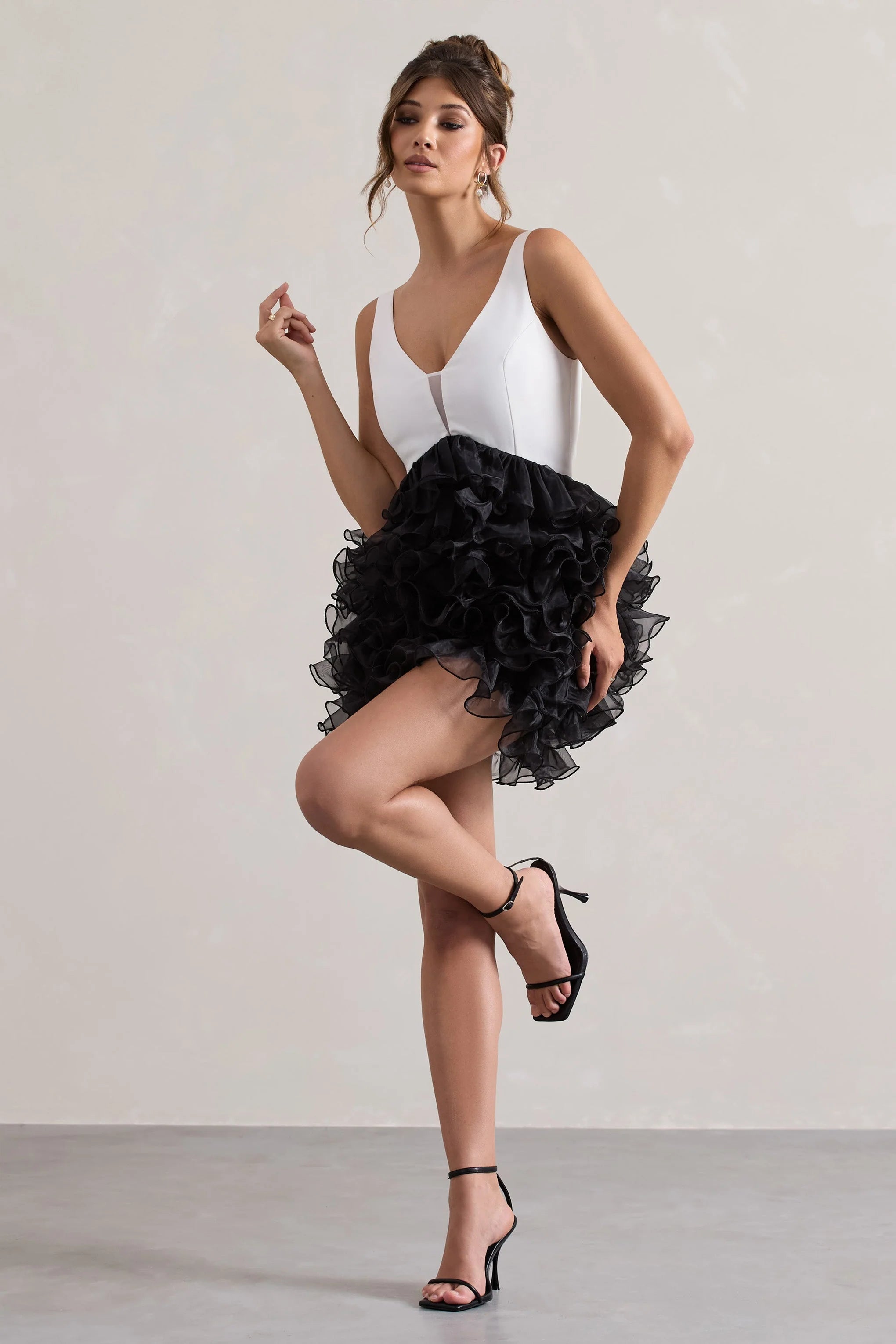 Riot Black White Plunge Neck Mini Dress With Organza Skirt