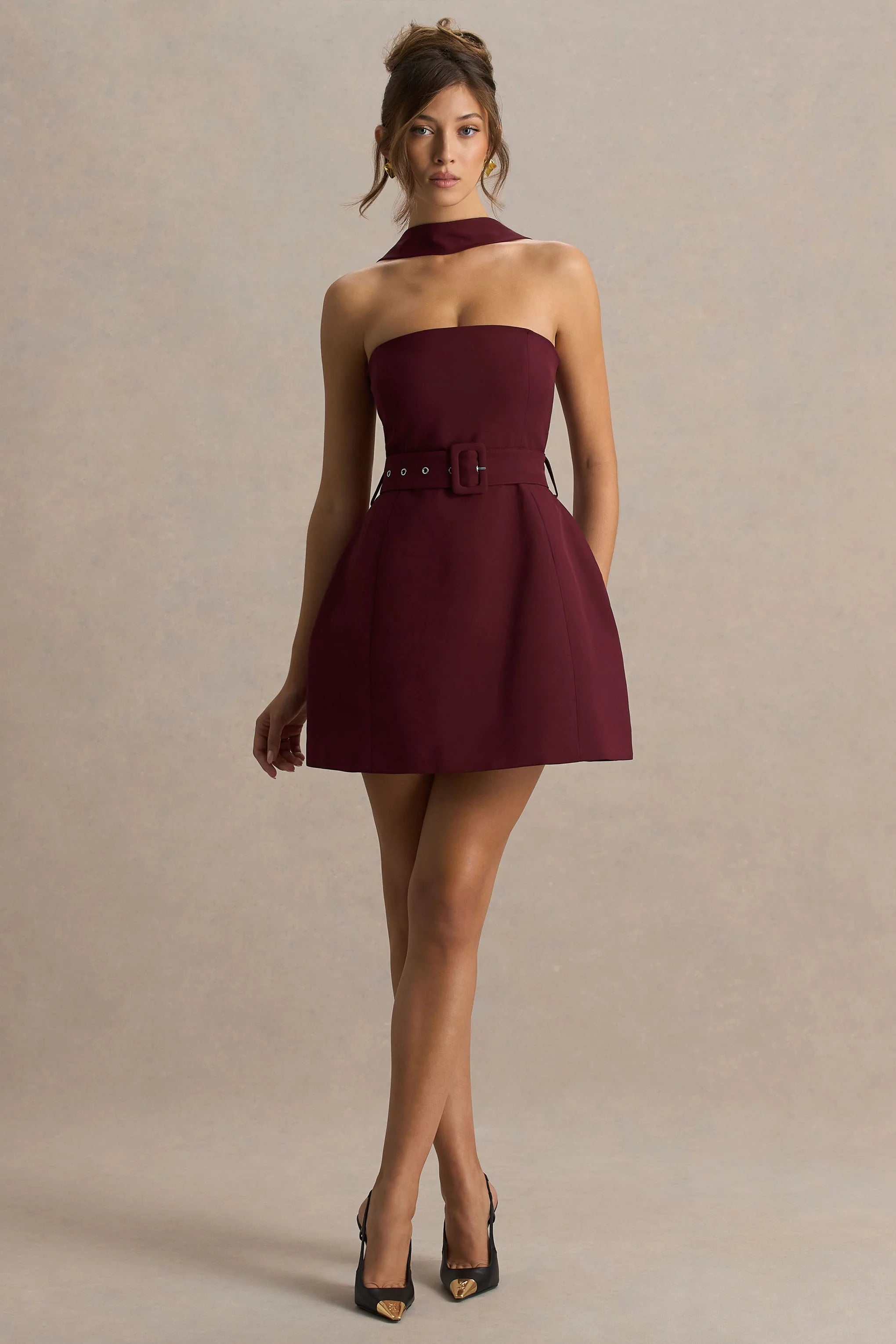 Timberly Burgundy High Neck Tailored Micro Mini Dress