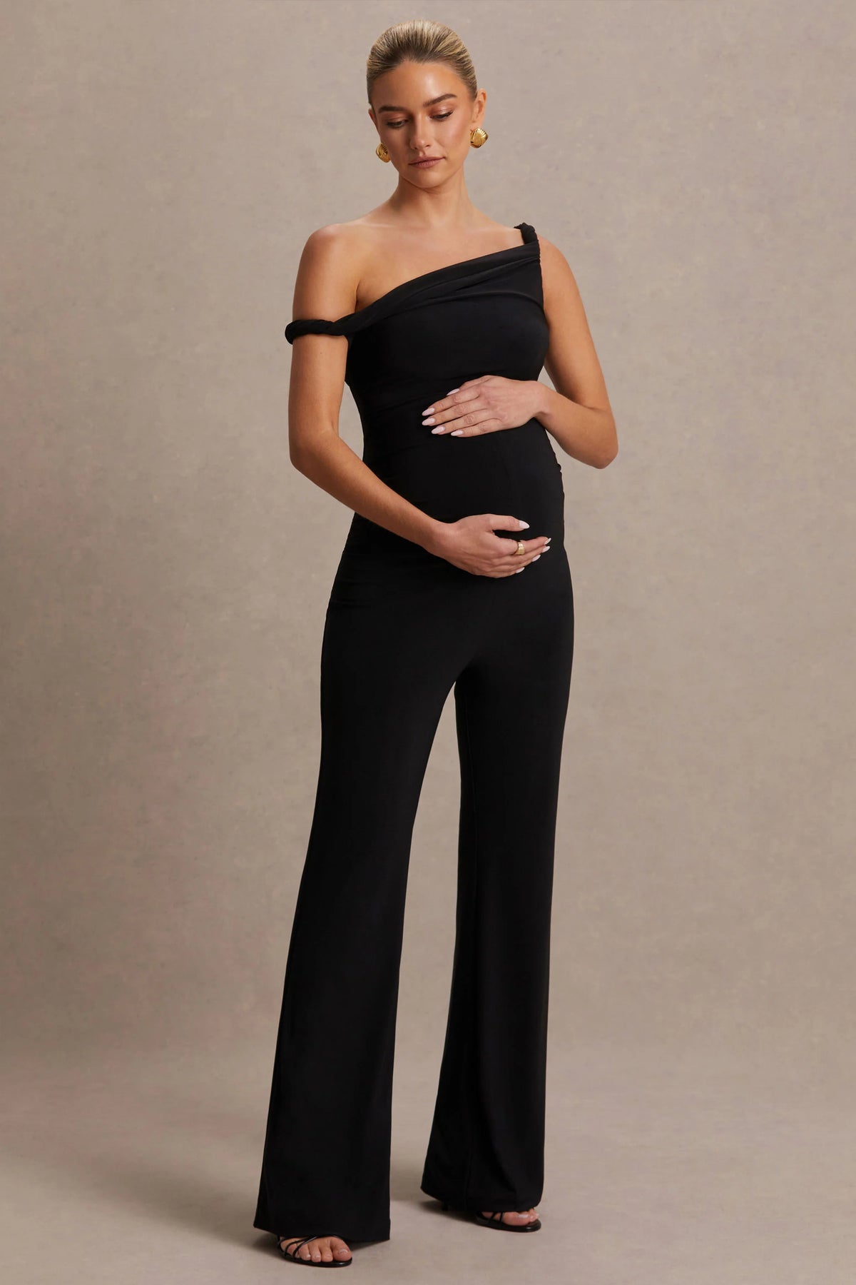 Kira Black Asymmetric Neck Maternity Jumpsuit