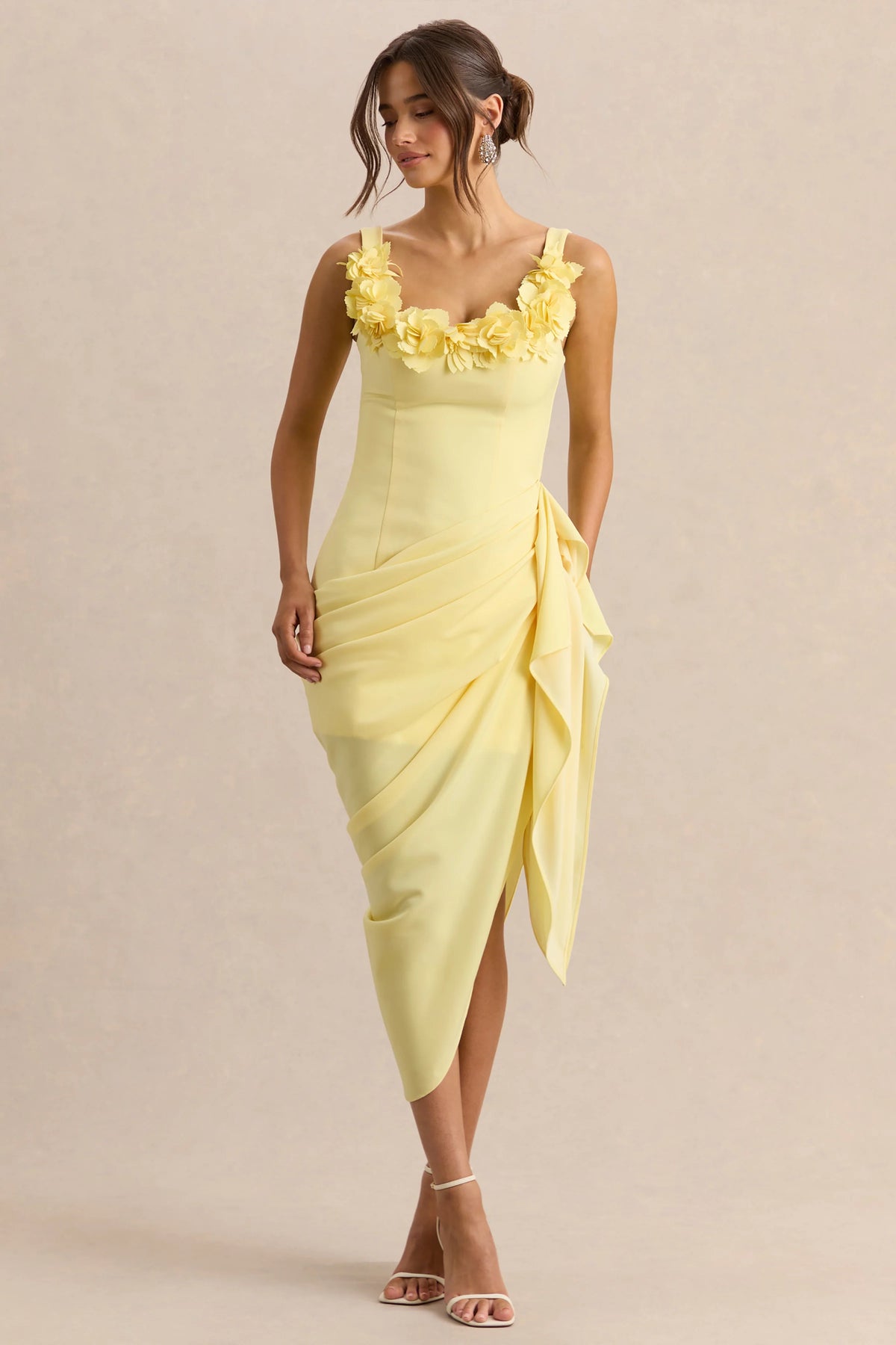 Letitia Lemon Scoop Neck Embellished Wrap Midi Dress