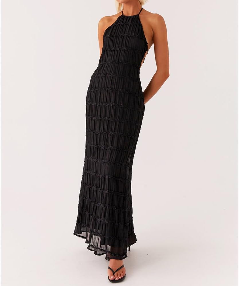 Women Backless Dress Sleeveless Textured Halter Open Back Maxi Dresses Vacation Wedding Guest