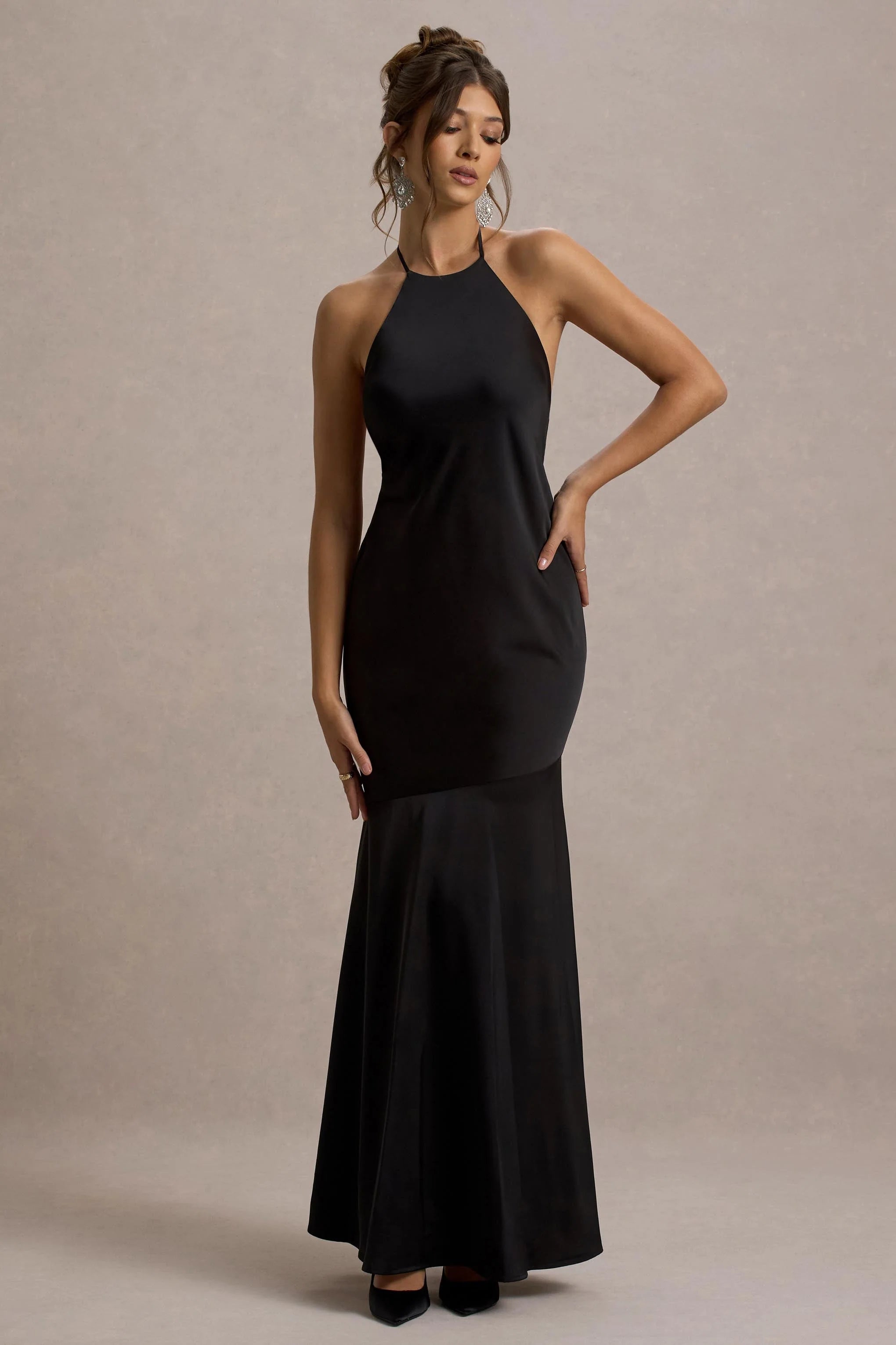 Frida Black Satin Halter Neck Backless Maxi Dress
