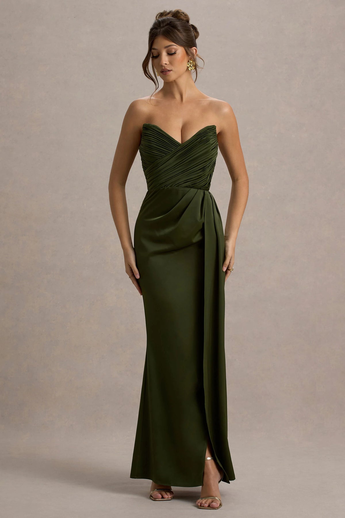 Edel Olive Satin Strapless Maxi Dress With Drape