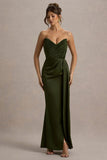 Edel Olive Satin Strapless Maxi Dress With Drape