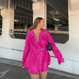 Women Shirt Dresses Long Sleeve Pleated Mini Dress Casual Button Down Tunic Tops with Belt Vintage Streetwear