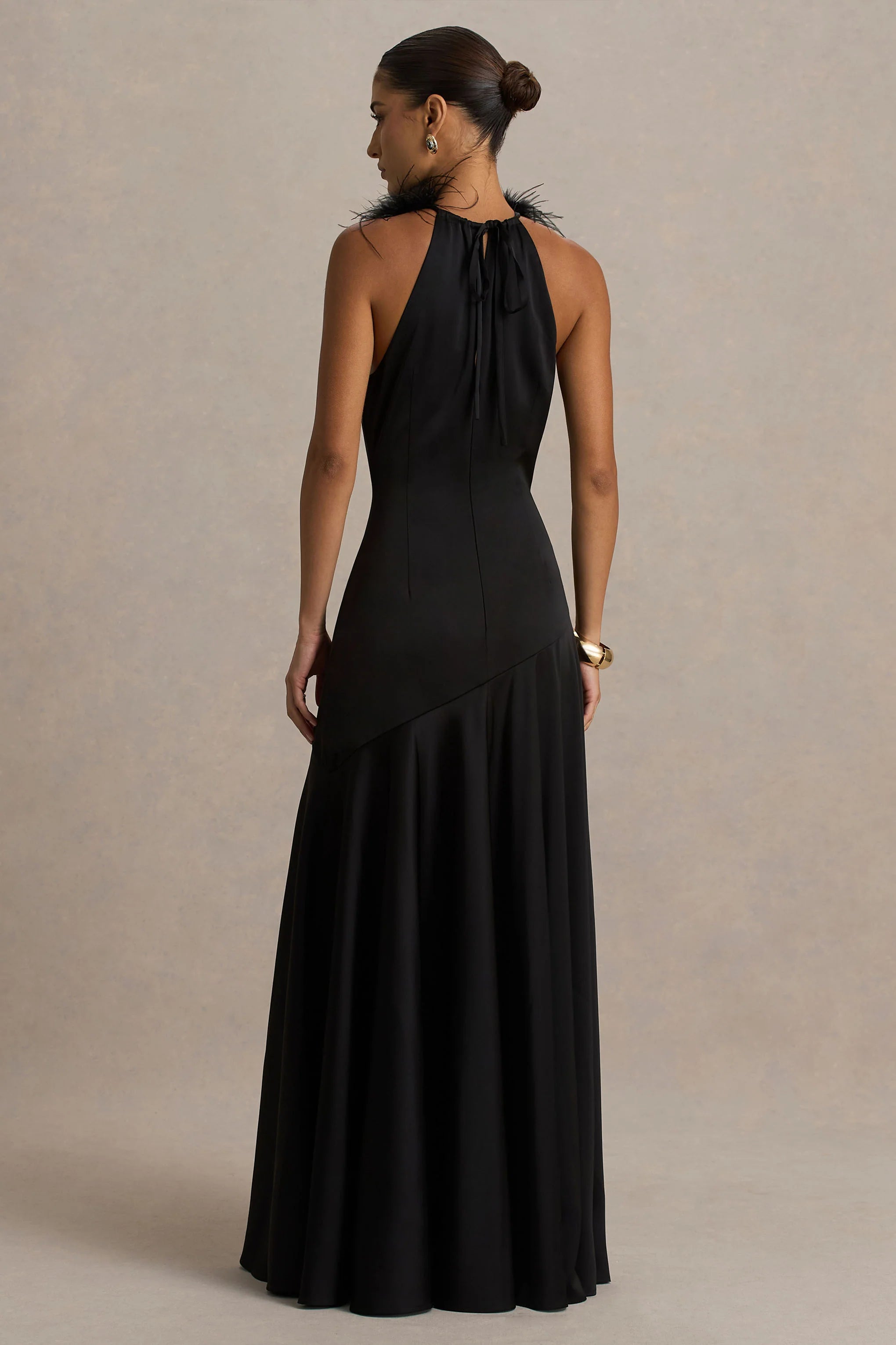 Jemima Black Satin Halter Neck Maxi Dress With Feather Trim