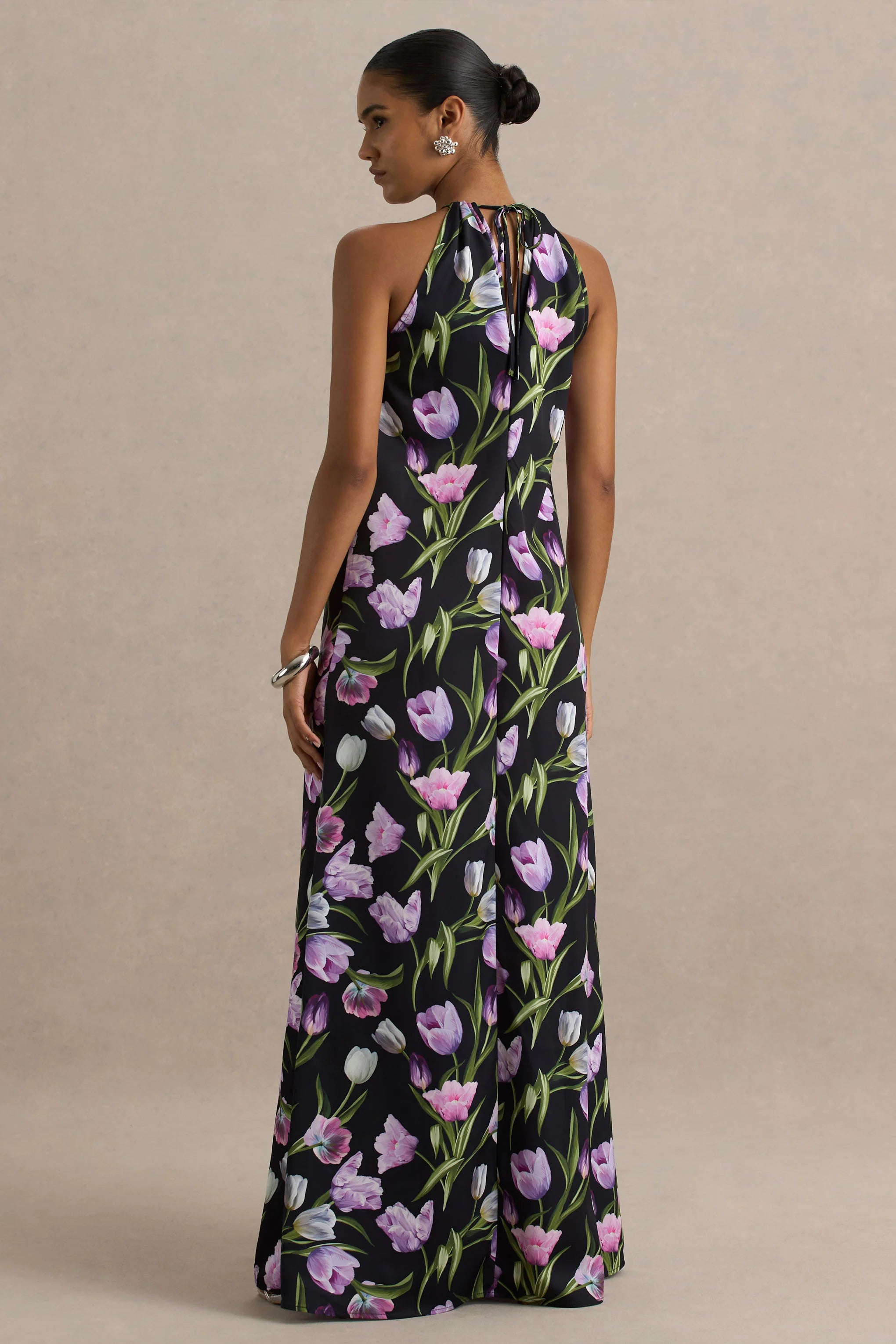 Svana Black Satin Floral Asymmetric Halter Neck Maxi Dress