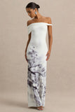Sachi White Print Twisted Bardot Maxi Dress