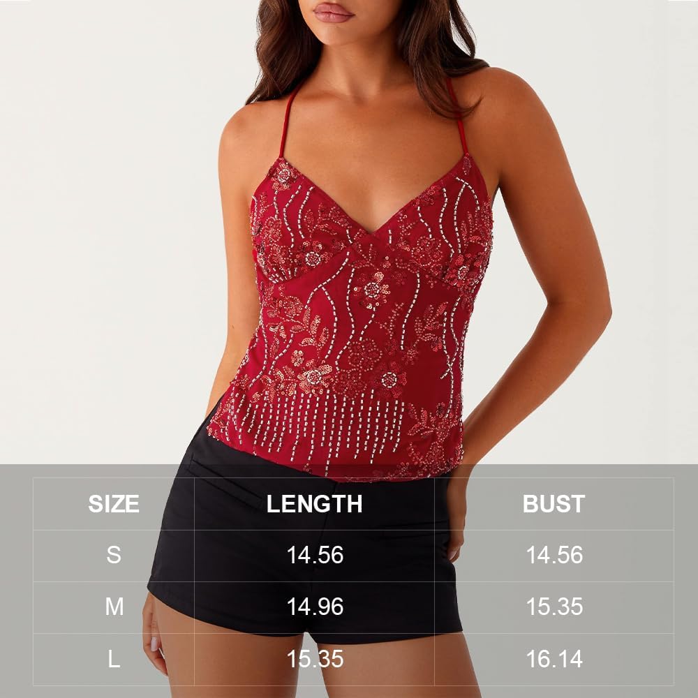 Women Sequin Beaded Cami Top V Neck Backless Criss Cross Straps Crop Tops Summer Going Out Clubwear