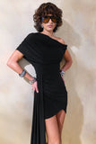 Dalina Black Asymmetric Neck Mini Dress With Sash Detail